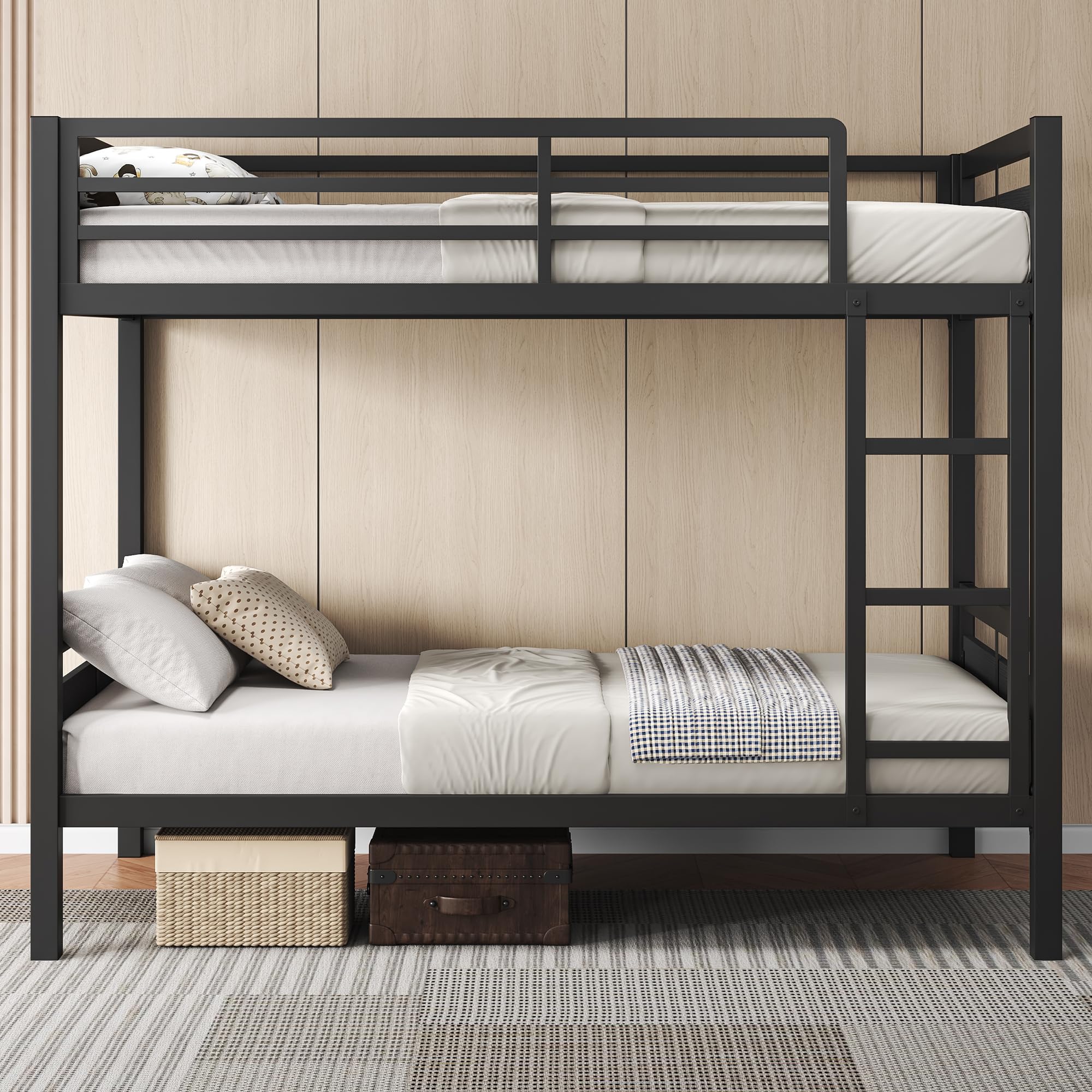 Metal Twin Over Twin Bunk Bed with Ladder and High Guardrail