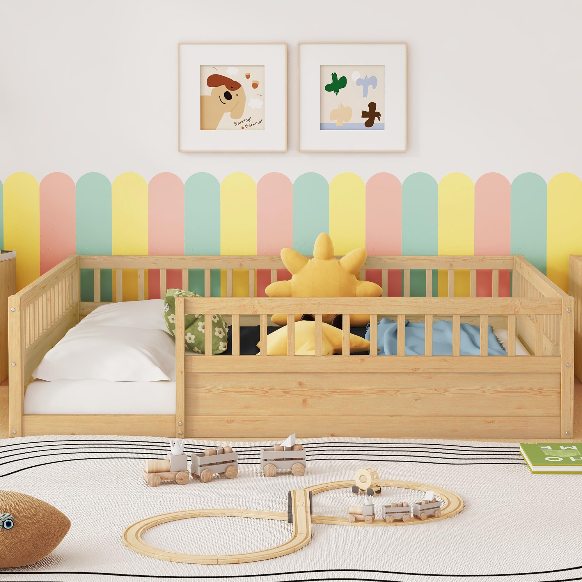 Full Size Montessori Floor Bed, Solid Wood Playhouse Bedframe with Safety High