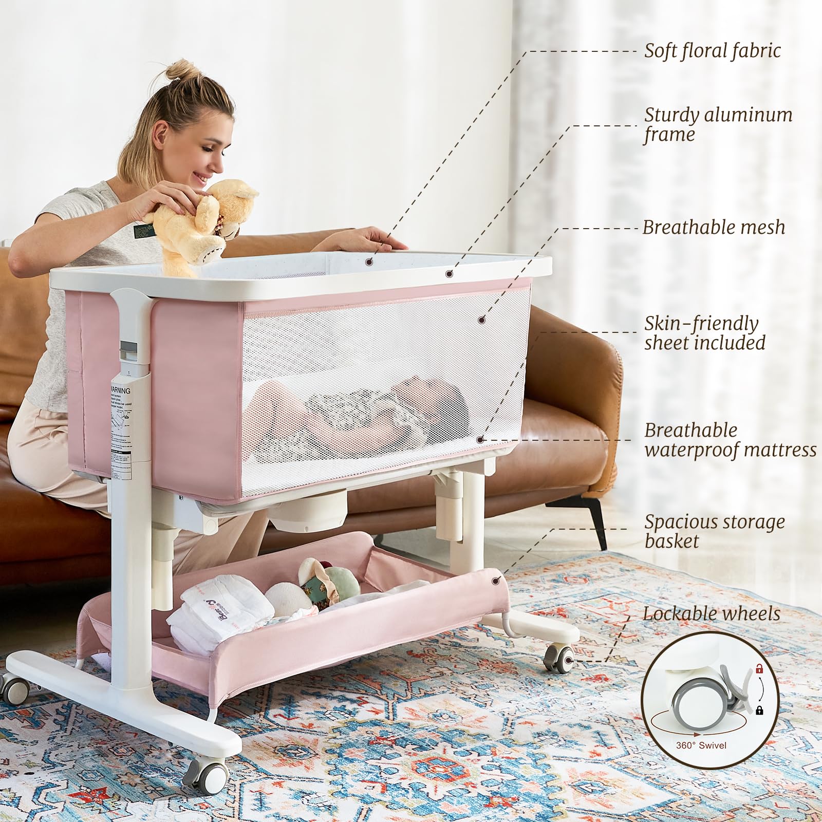 Electric Bassinet Baby Cradle 3-in-1 Bedside Sleeper with Rocking Motion