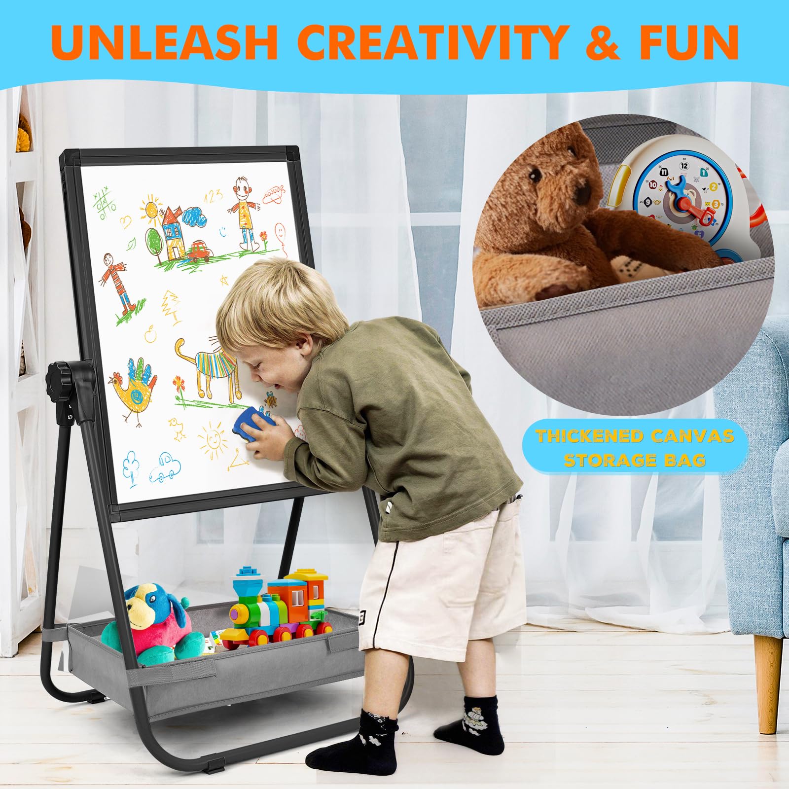 WEYOUNG Kids Easel for Toddlers, Adjustable Standingg Metal Toddler Whiteboard & Chalkboard, Magnetic Art Easel for Kids Age 2-4 4-8 9-12, Black