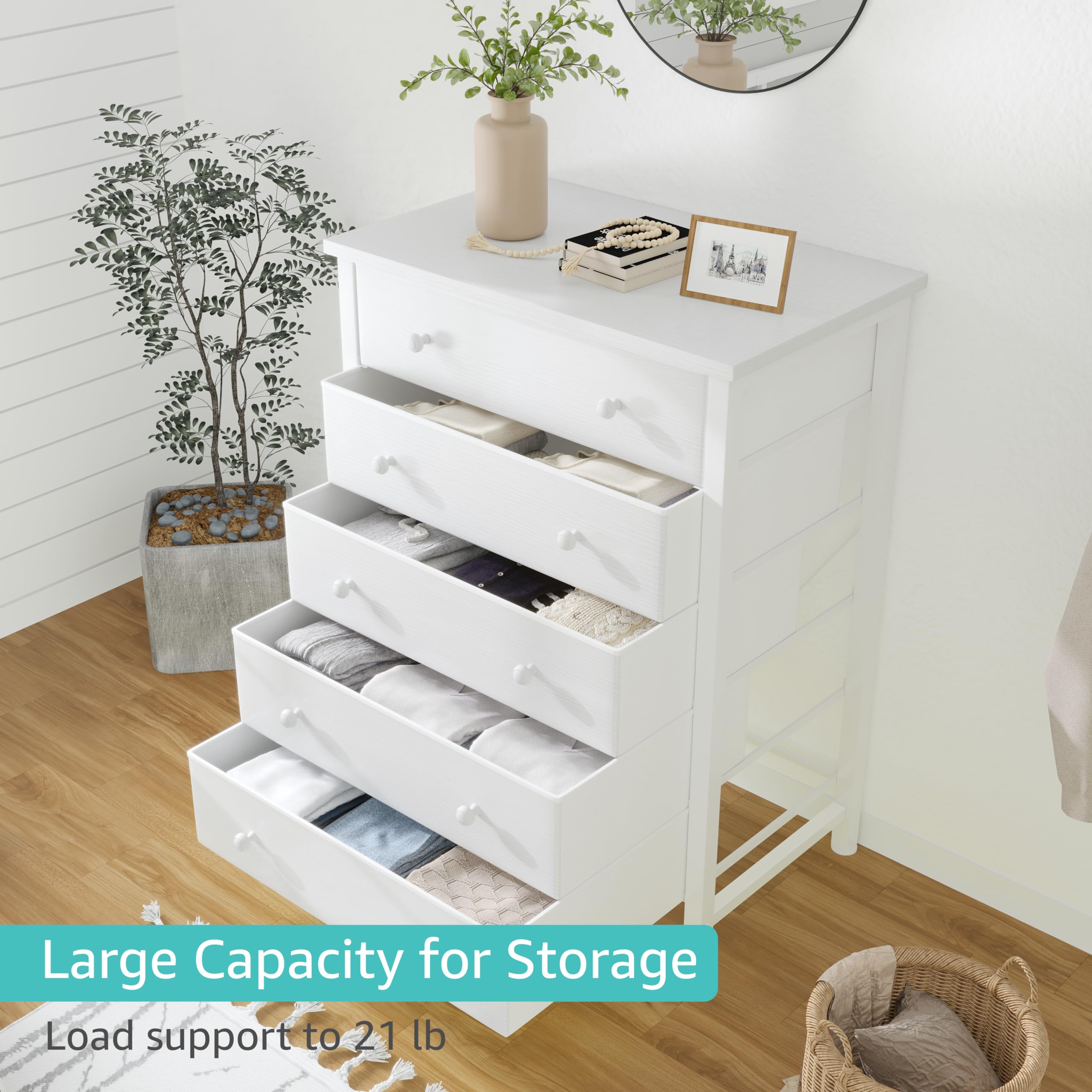 5-Drawer Fabric Dresser with Wood Grain Top