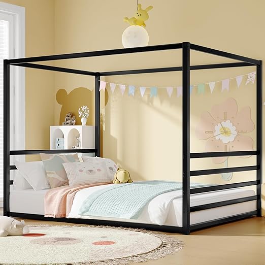 Full Floor Bed with Door, Fence and Roof, Heavy Duty Metal Montessori Bed Full Size