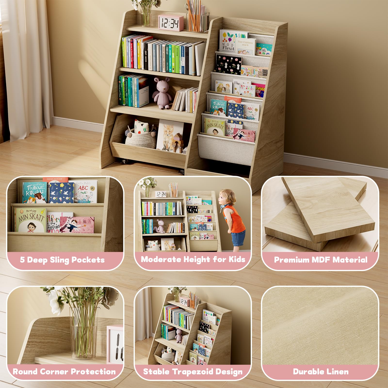 Kids Bookshelf and Toy Storage with Movable Drawer