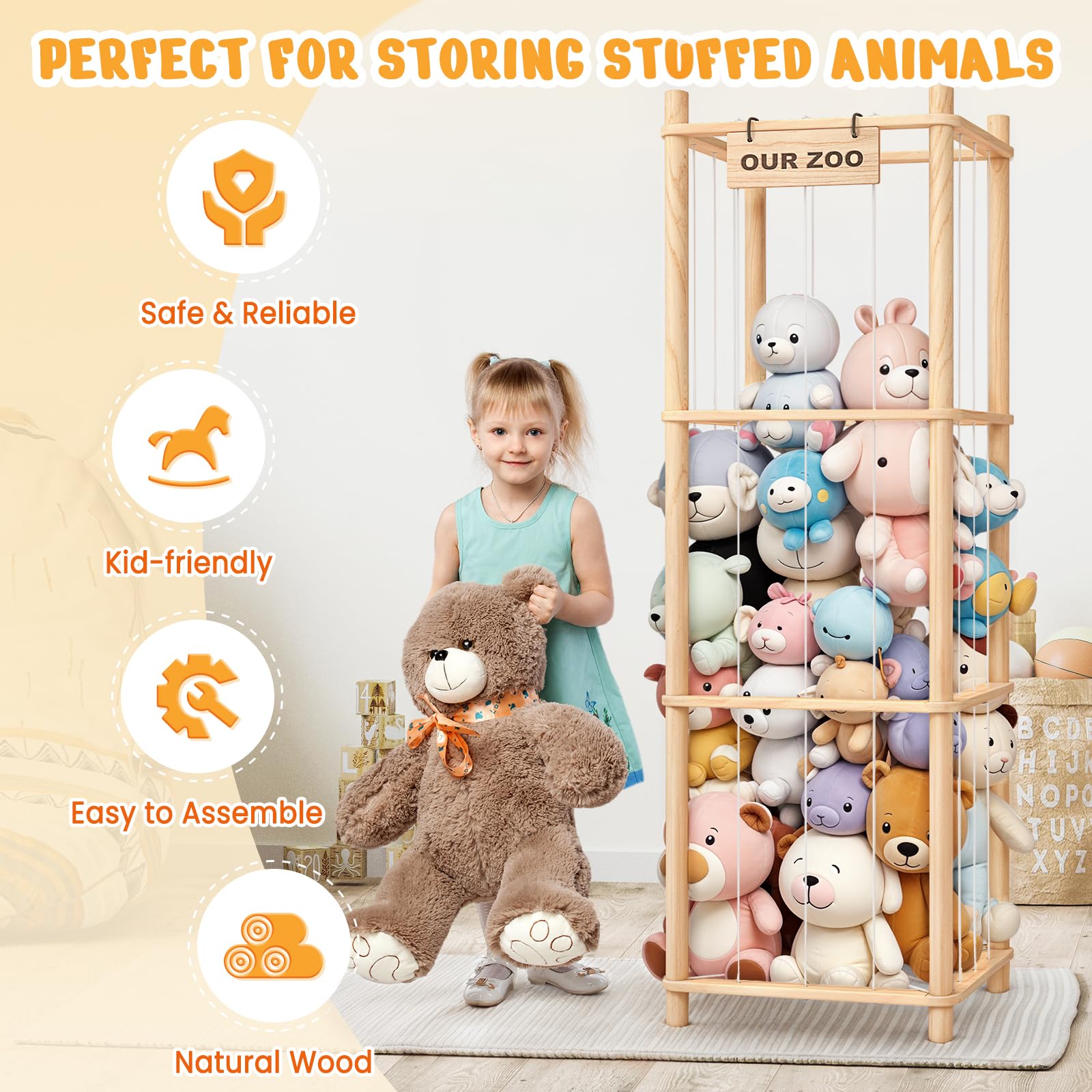 Wooden Stuffed Animal Storage Zoo Organizer for Kids