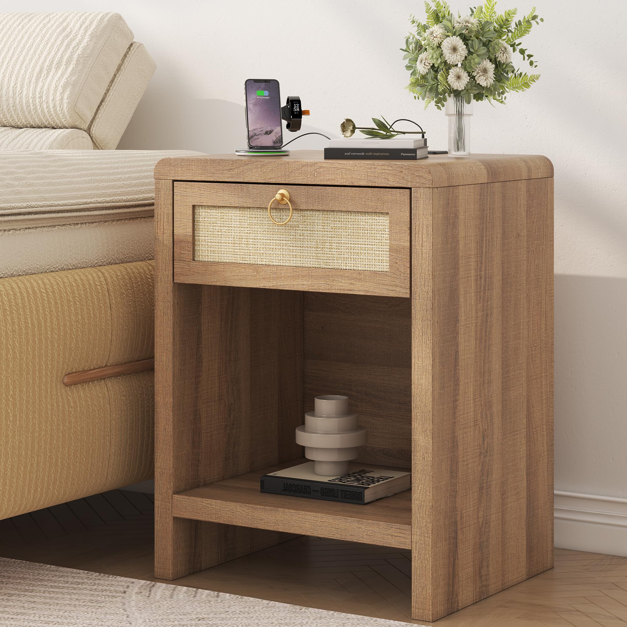 Rattan Nightstand Set with Charging Station