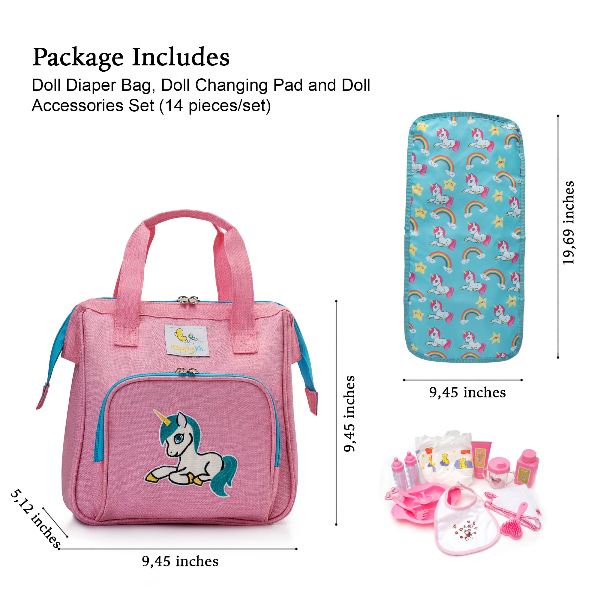 Baby Doll Diaper Bag Unicorn Embroidery 14-Piece Pretend Play