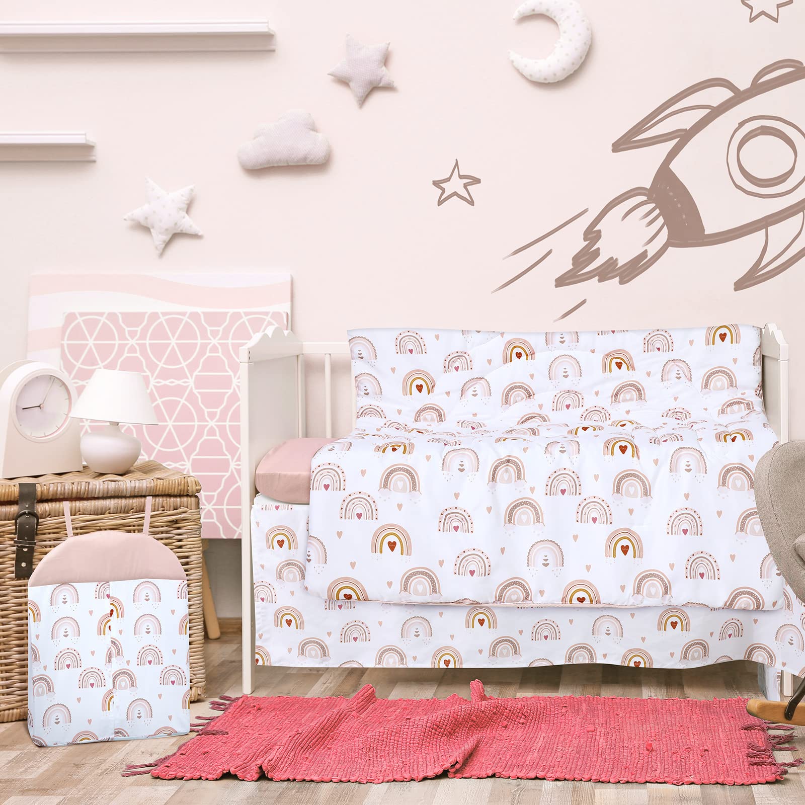 Rtteri 4 Pieces Baby Crib Bedding Set, Nursery Bedding Standard Size Soft Baby Bedding Set Including Crib Skirt, Blanket, Sheet and Diaper Stacker for Girls and Boys(Boho)