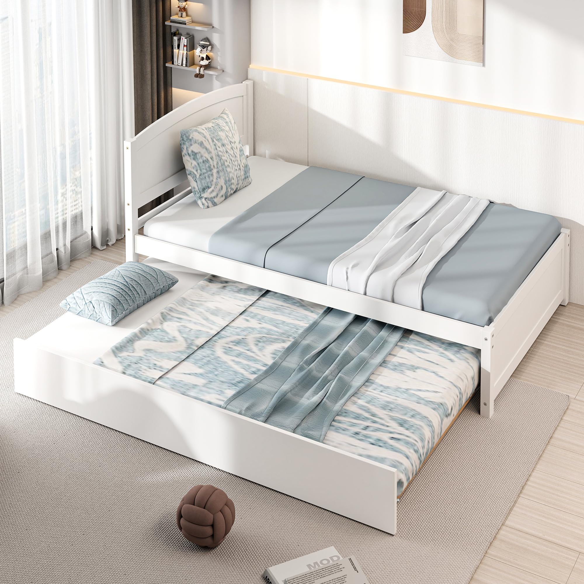 Twin Trundle Bed, Solid Wooden Pull Out Bedframe