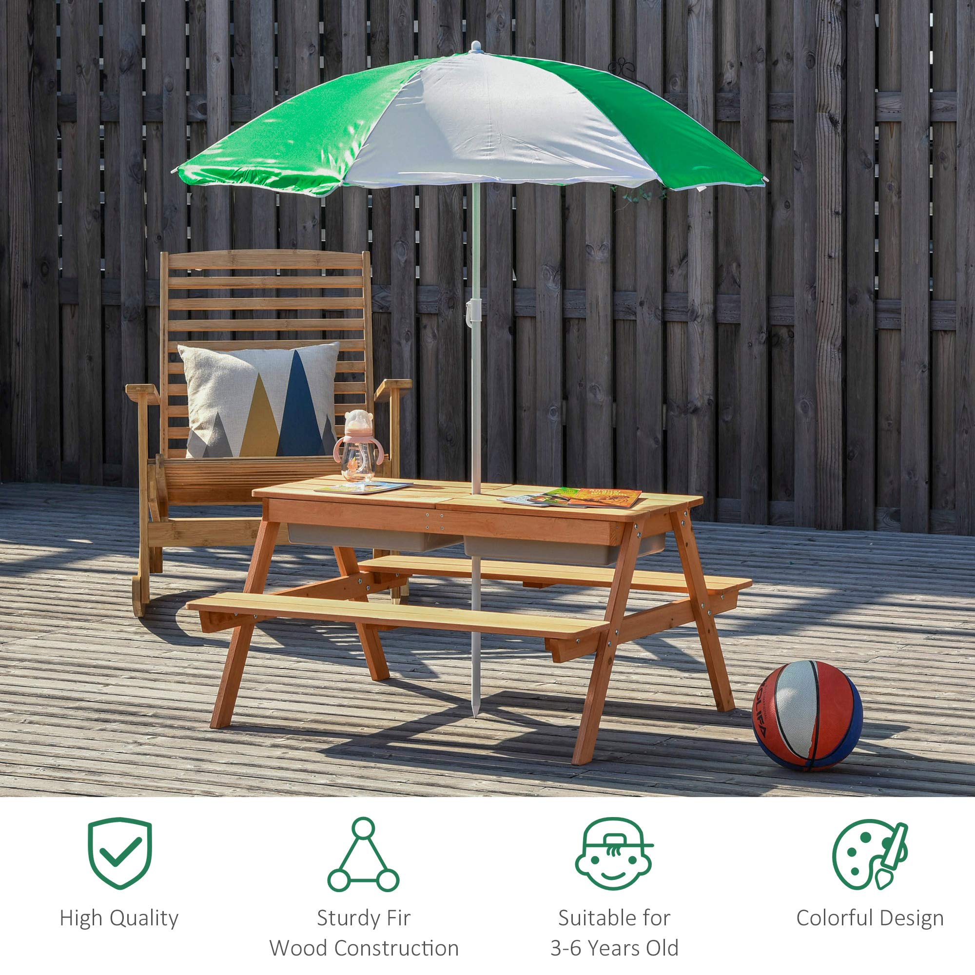 Kids 3-in-1 Sand Water Picnic Table with Umbrella