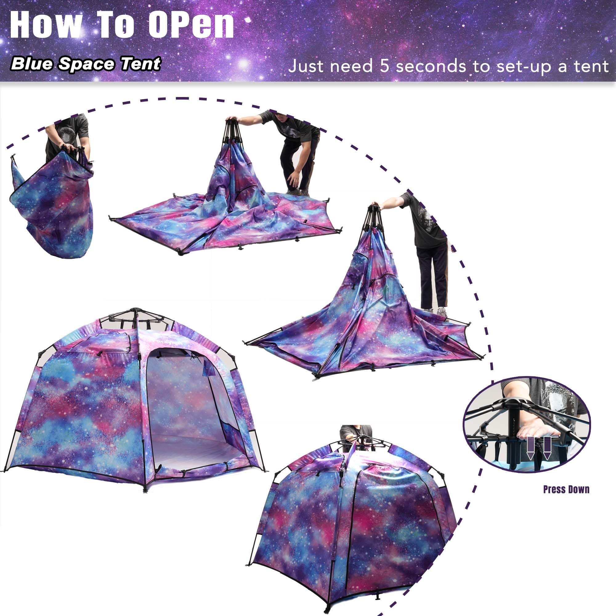 Portable Hexagon Kids Play Tent with LED Strip Lights Indoor Children Play House Easy Set-up Space Large Dream Tent for Night 4-5 Person & Birthday Gifts