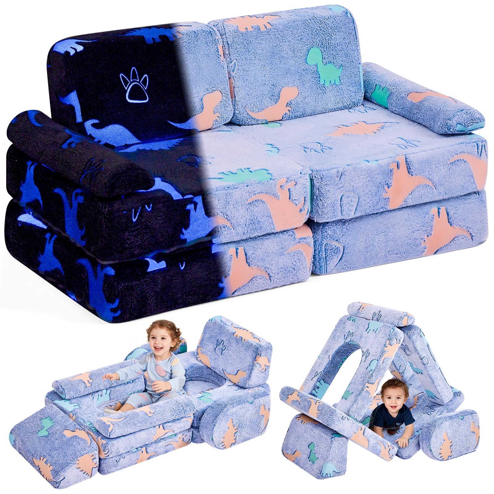 Modular Kids Play Couch with Glow-in-Dark Dinosaur Design
