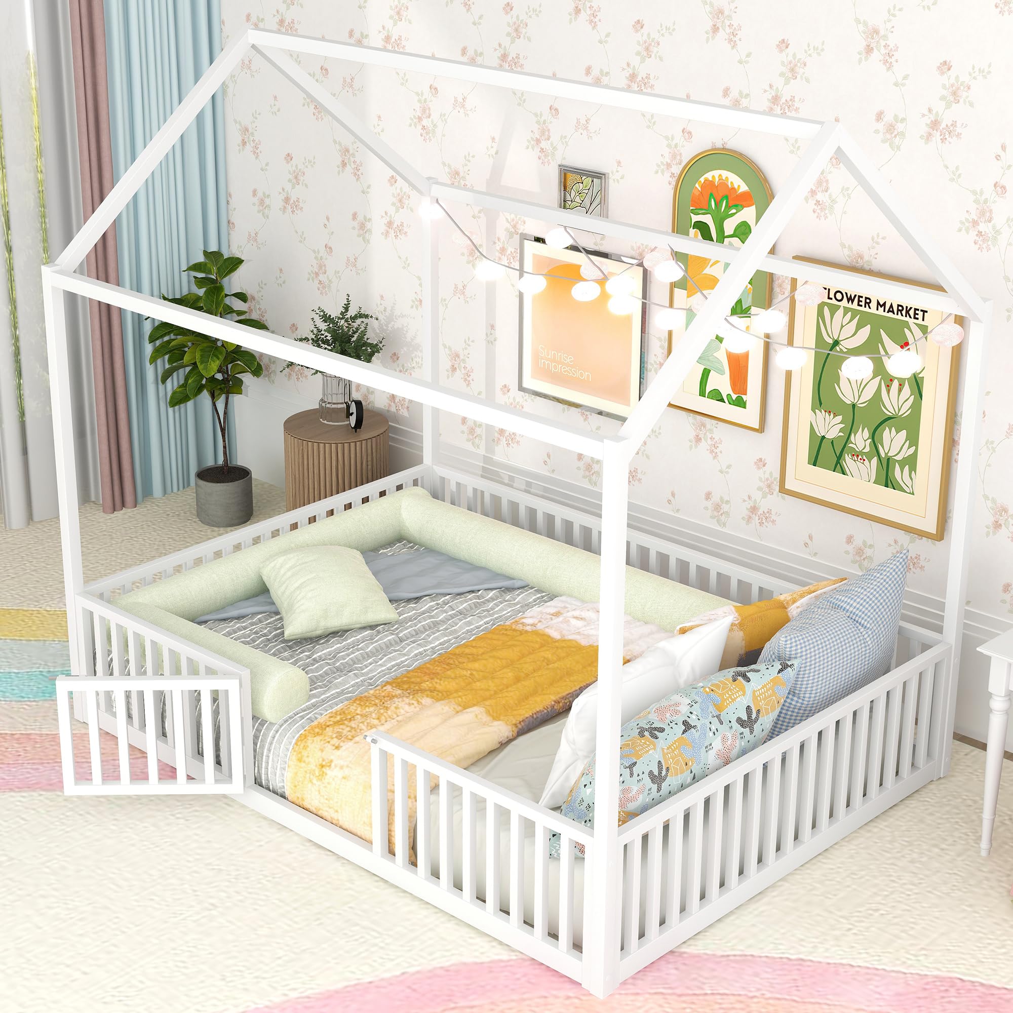 Full Size Floor Bed with Door and Fence, Metal Montessori Bed