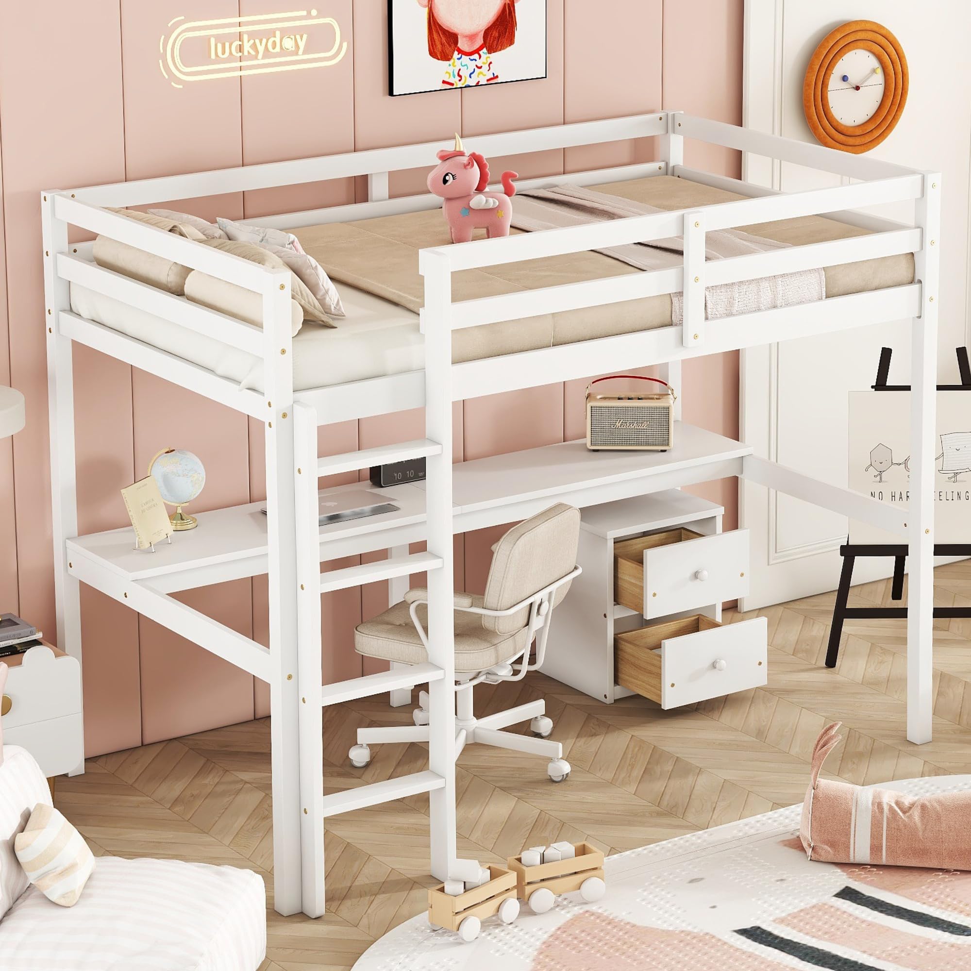 Twin Loft Bed with Desk and Storage Drawers