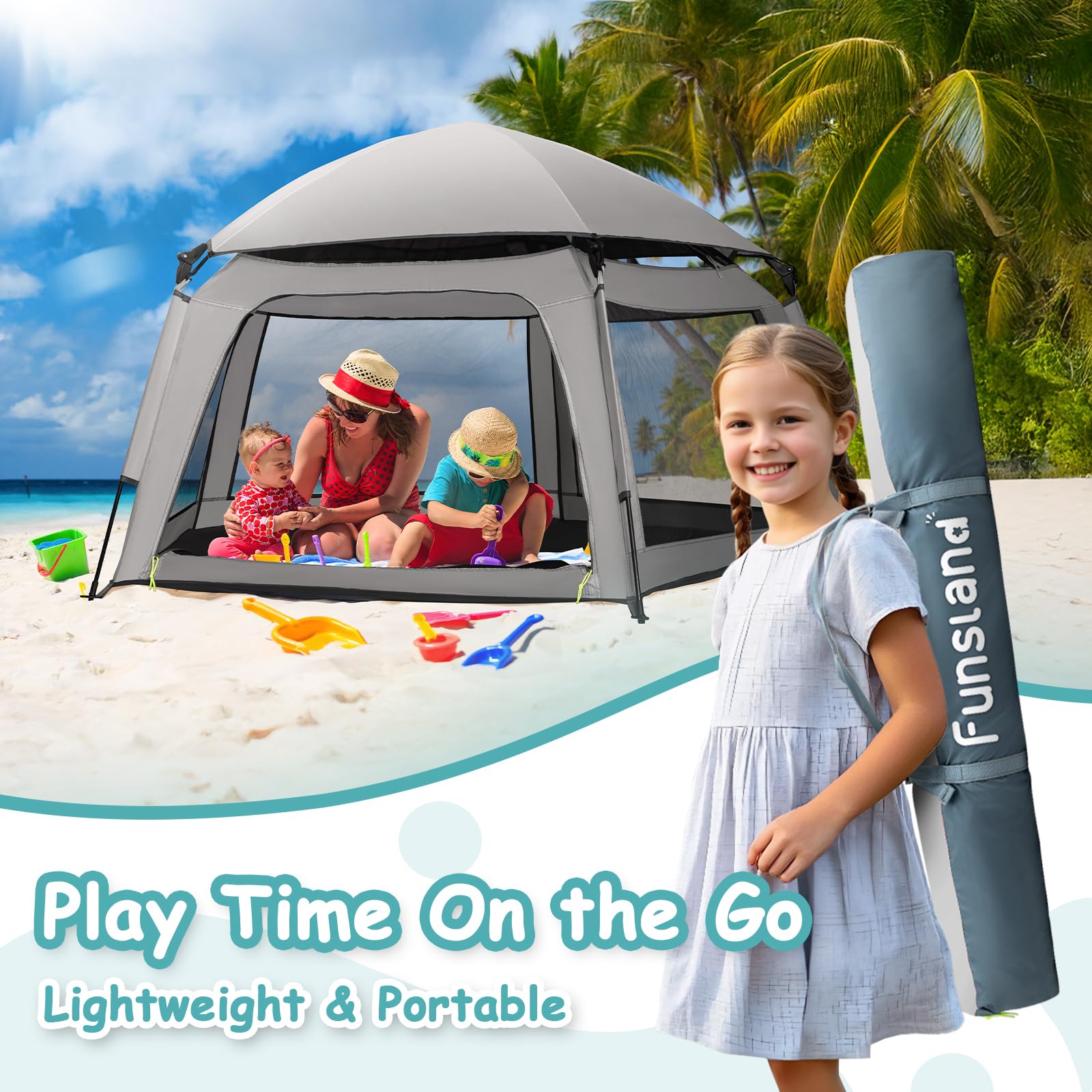 Funsland Baby Playpen Pop-up Tent - Outdoor & Indoor Play Tent for Beach with Canopy Travel Bag Portable Play Yard for Babies & Toddlers (Gray)