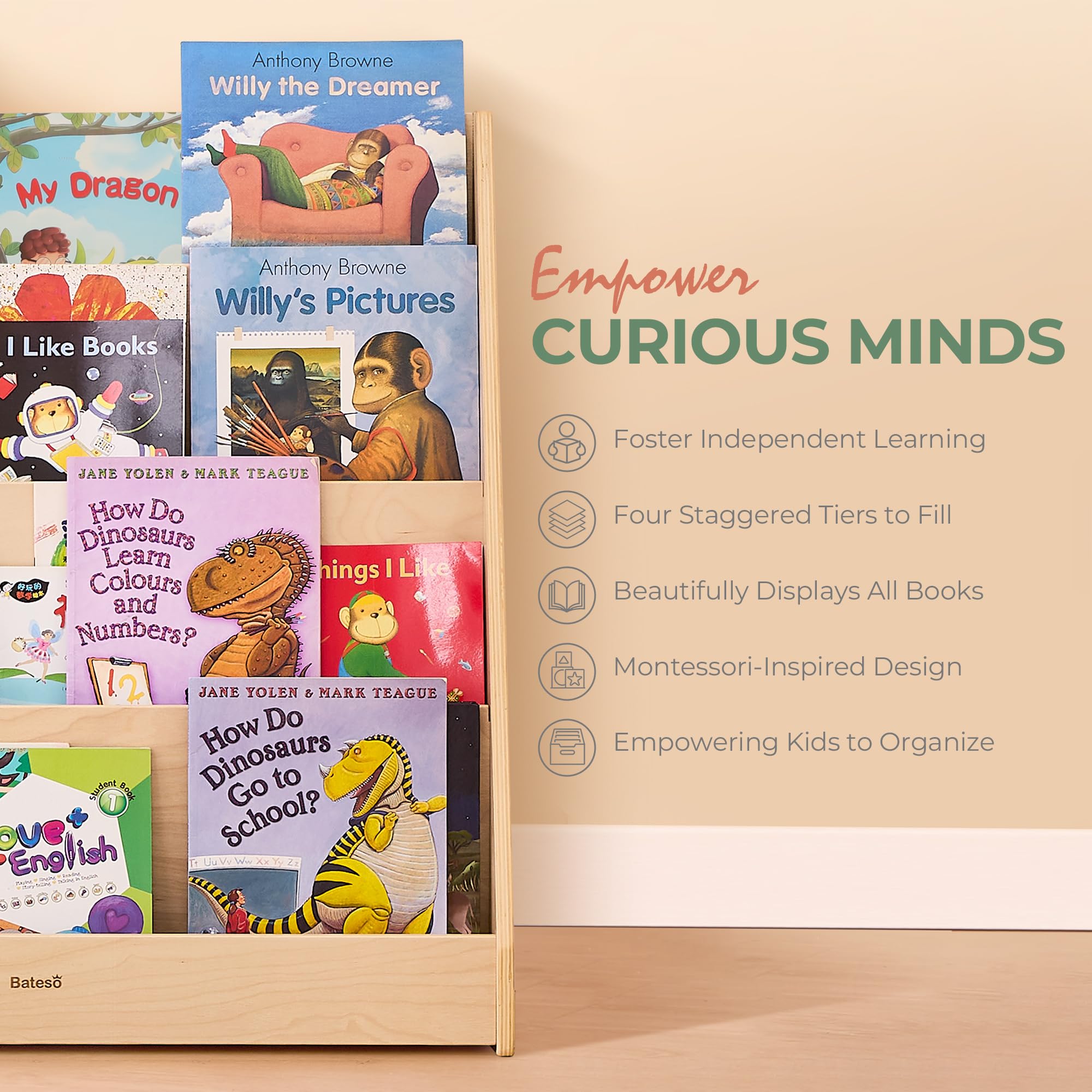 Wooden Montessori Bookshelf for Kids with Storage