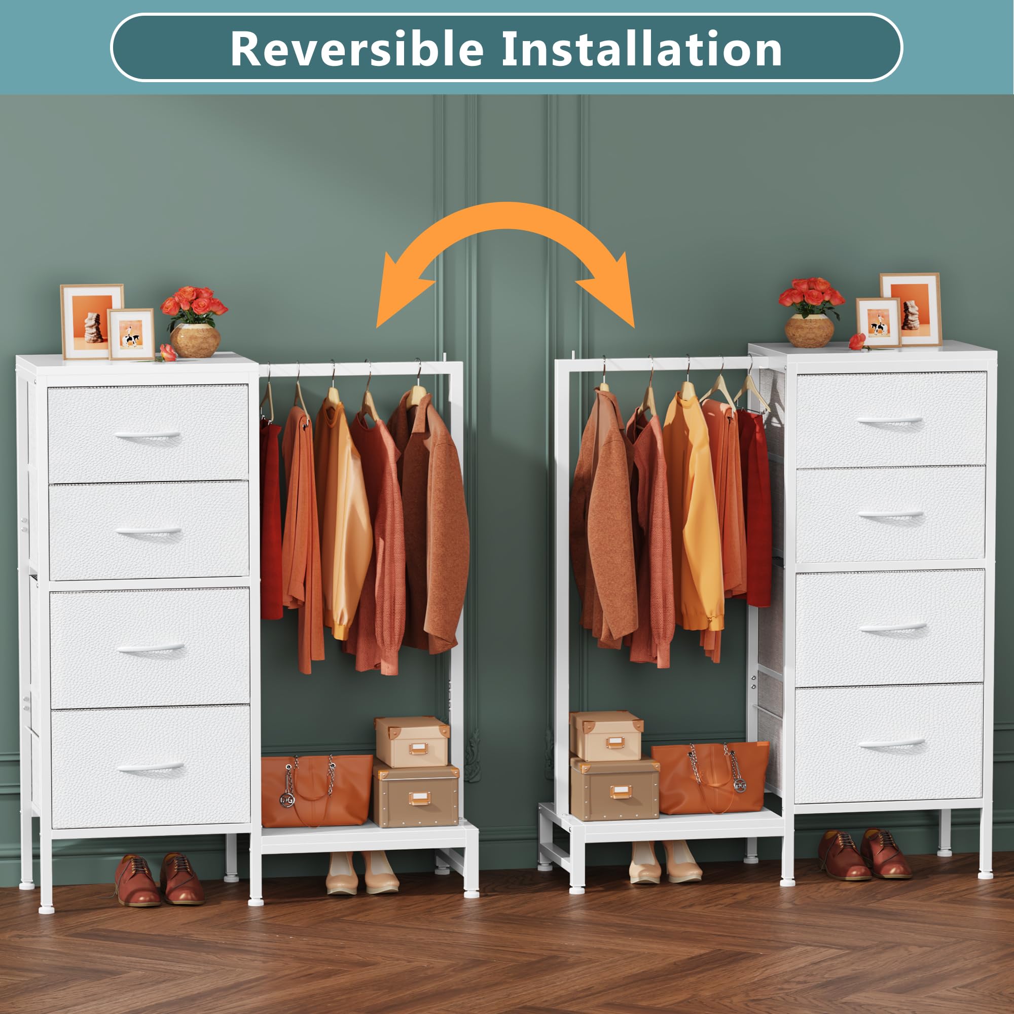 Dresser with Hanging Rack, 4 Drawers Small Closet for Bedroom