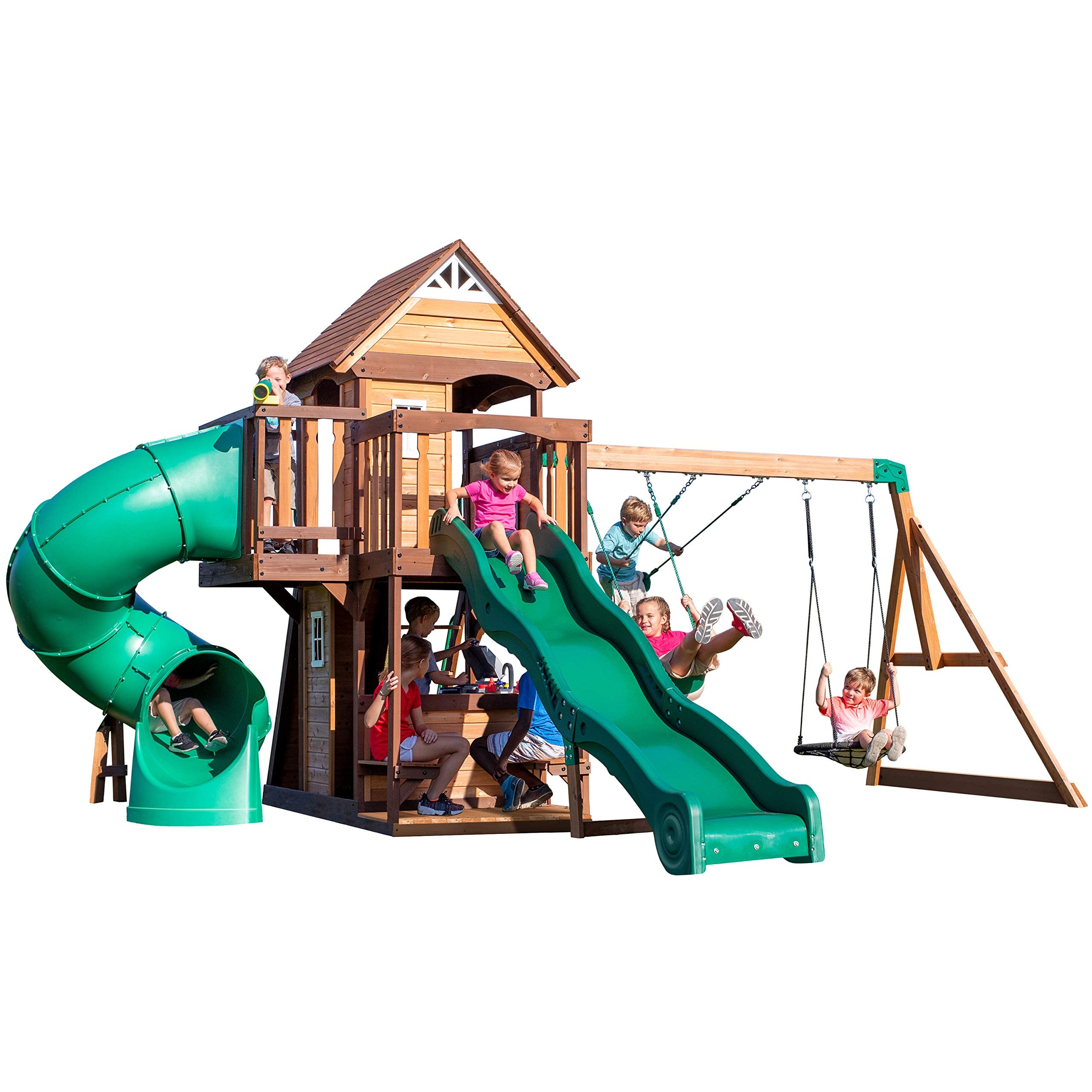 Cedar Wood Swing Set with Clubhouse and Dual Slides
