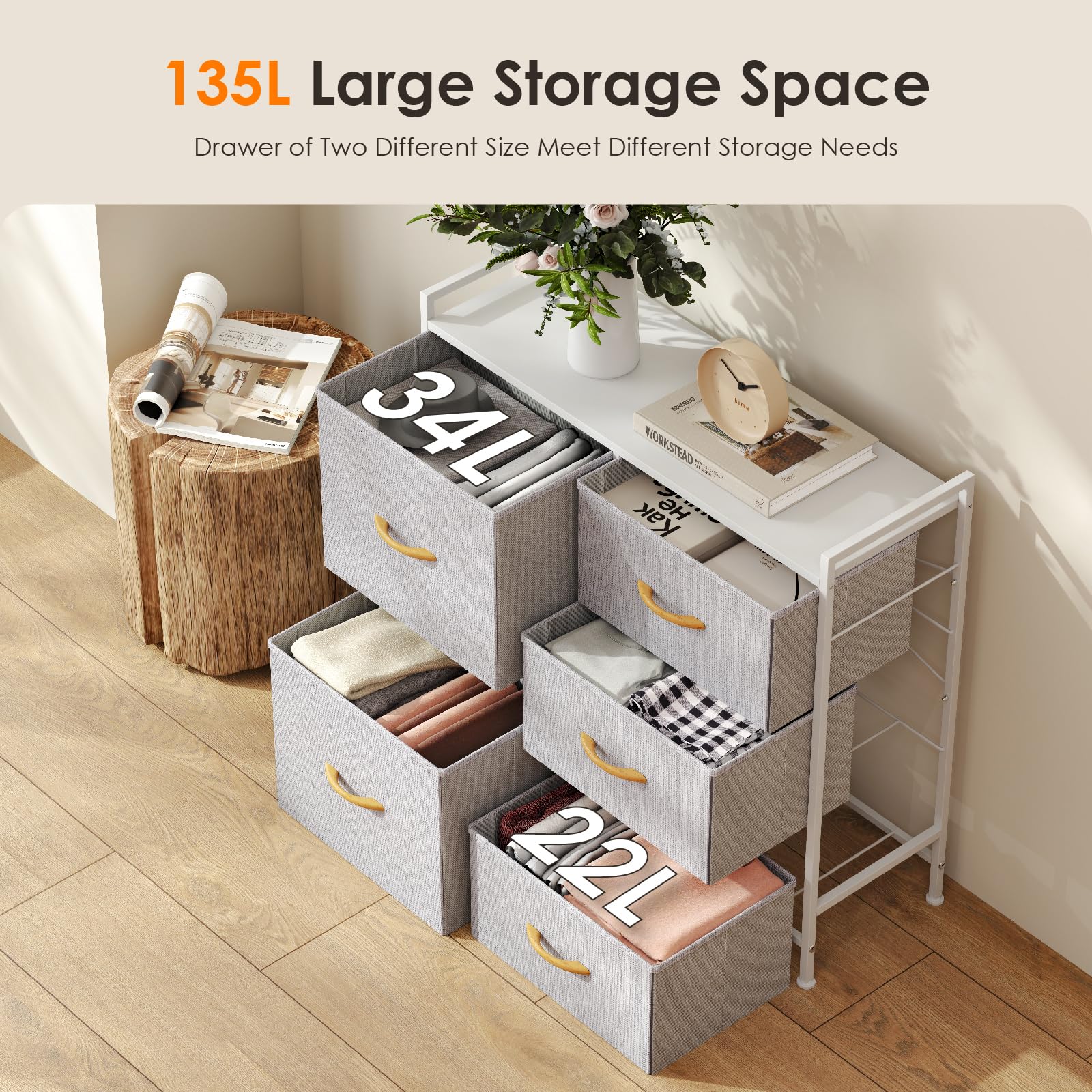 5-Drawer Fabric Dresser Storage Organizer for Bedroom and Closet