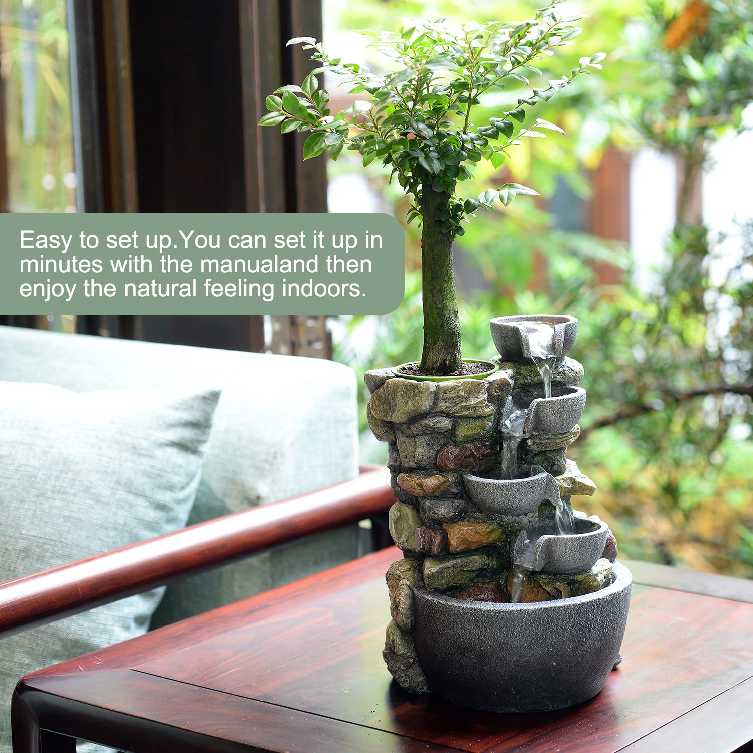 Indoor Tabletop Fountain with LED Lights and Plant Pot