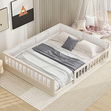 Full Size Floor Bed with Fence and Pillow, Kids Montessori Bed