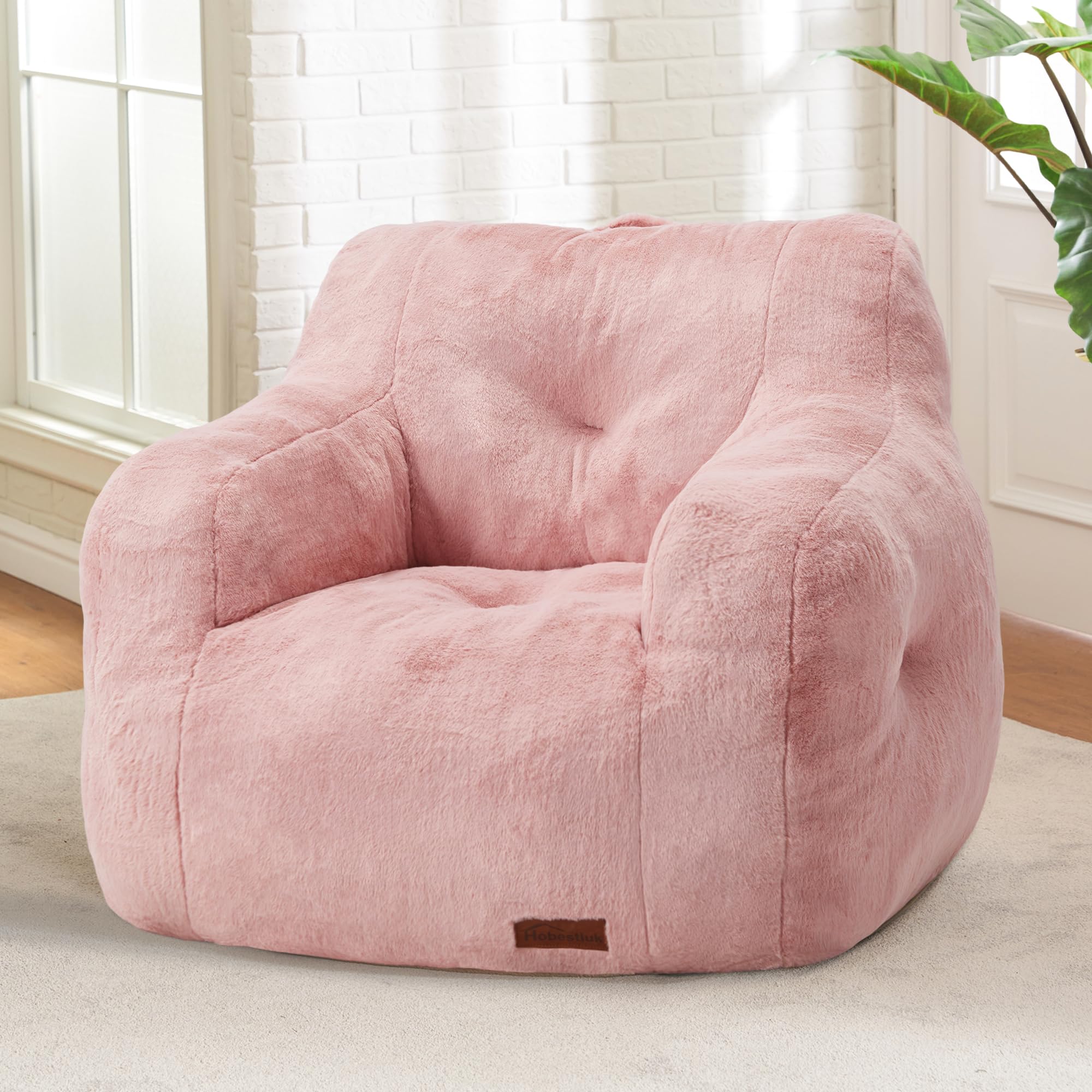 Small Pink Furry Bean Bag Chair with Arms