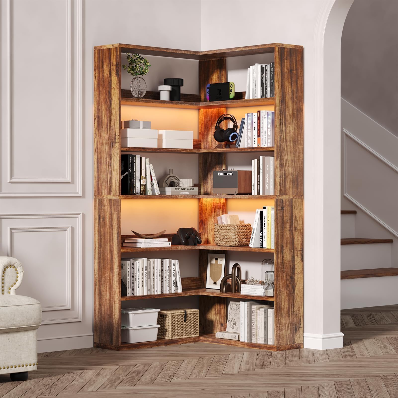 Corner Bookshelf, 6 Tier Corner Book Shelf with LED Light and Storage