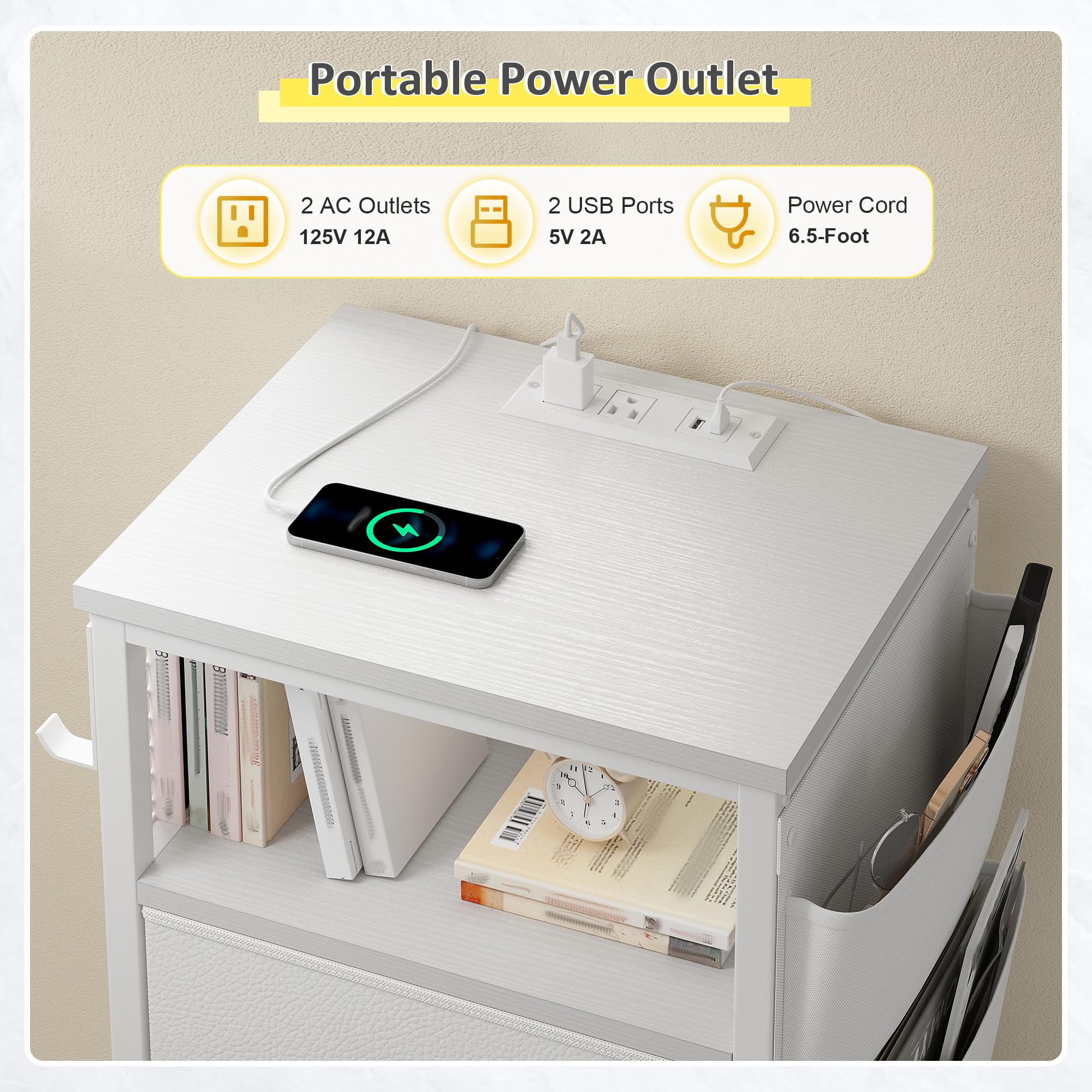 LED Nightstand Set of 2 with Charging Station and Fabric Drawers