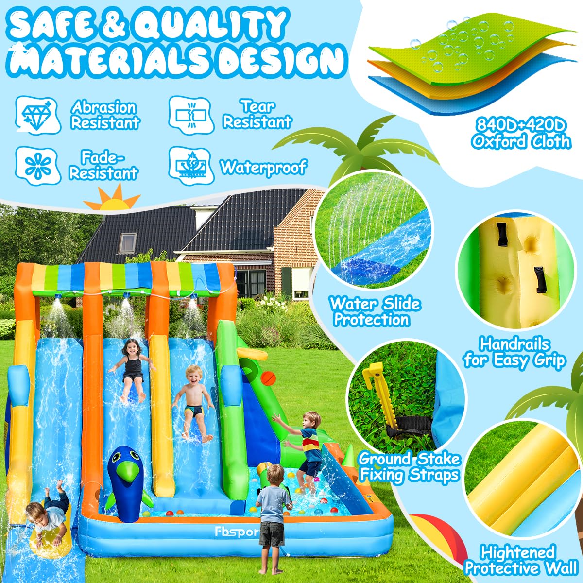 Inflatable Water Bounce House with Triple Slide and Splash Pool