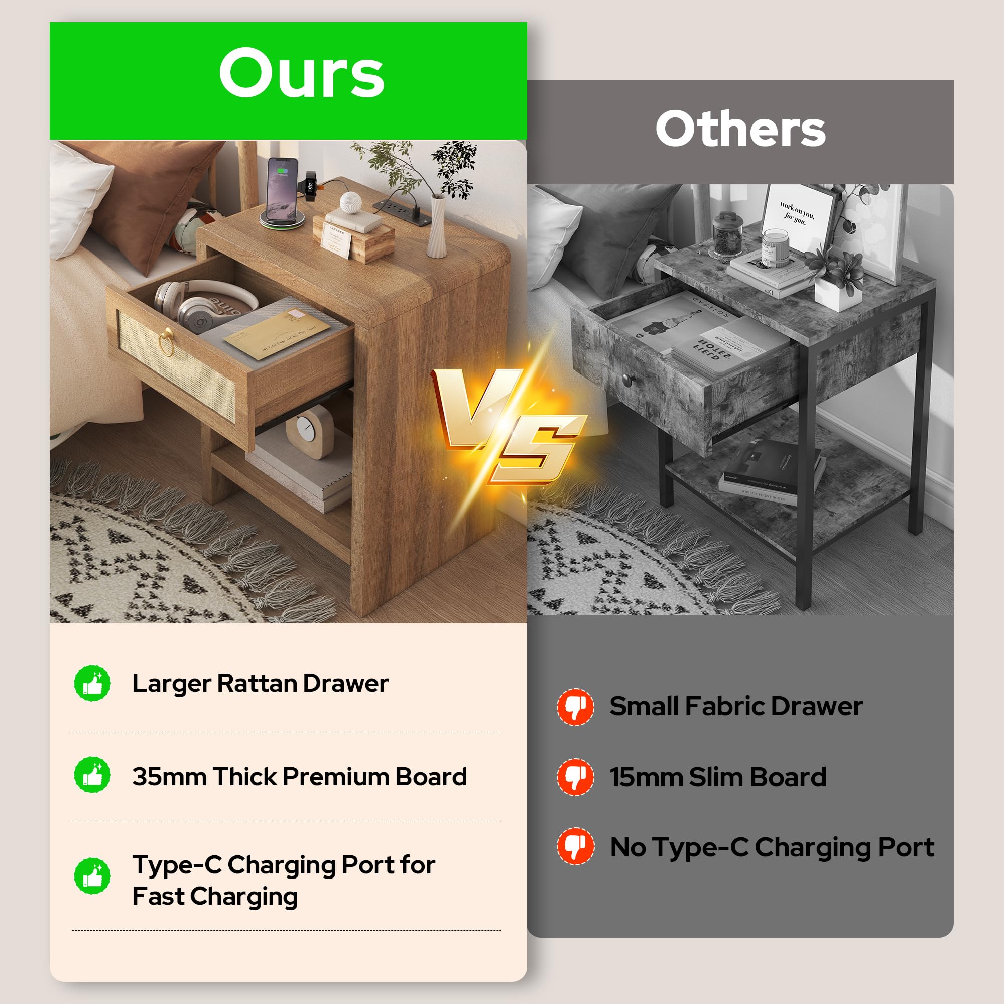 Rattan Nightstand Set with Charging Station