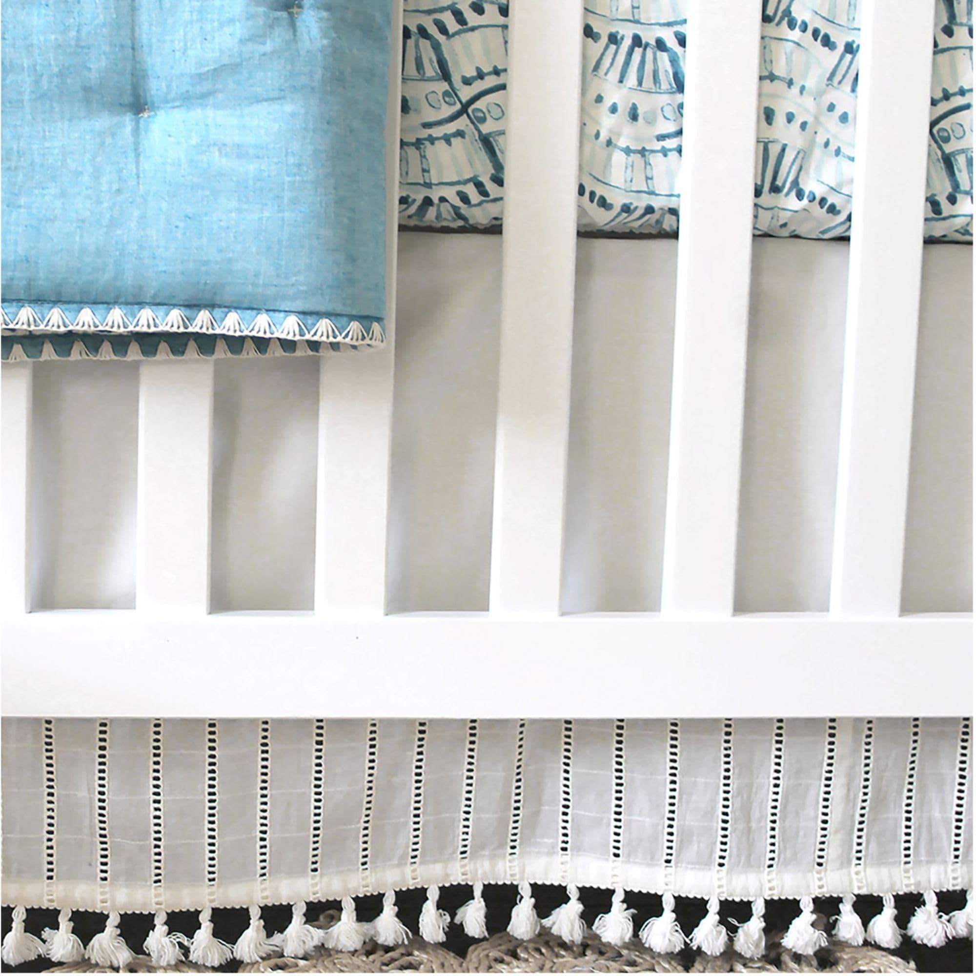 Crane Baby Boho Cotton Baby Crib Skirt with Fringe, White Bed Skirt Fits Standard Cribs, Skirting 28” X 52” X 8”, Off White Neutral Crib Skirts for Nursery