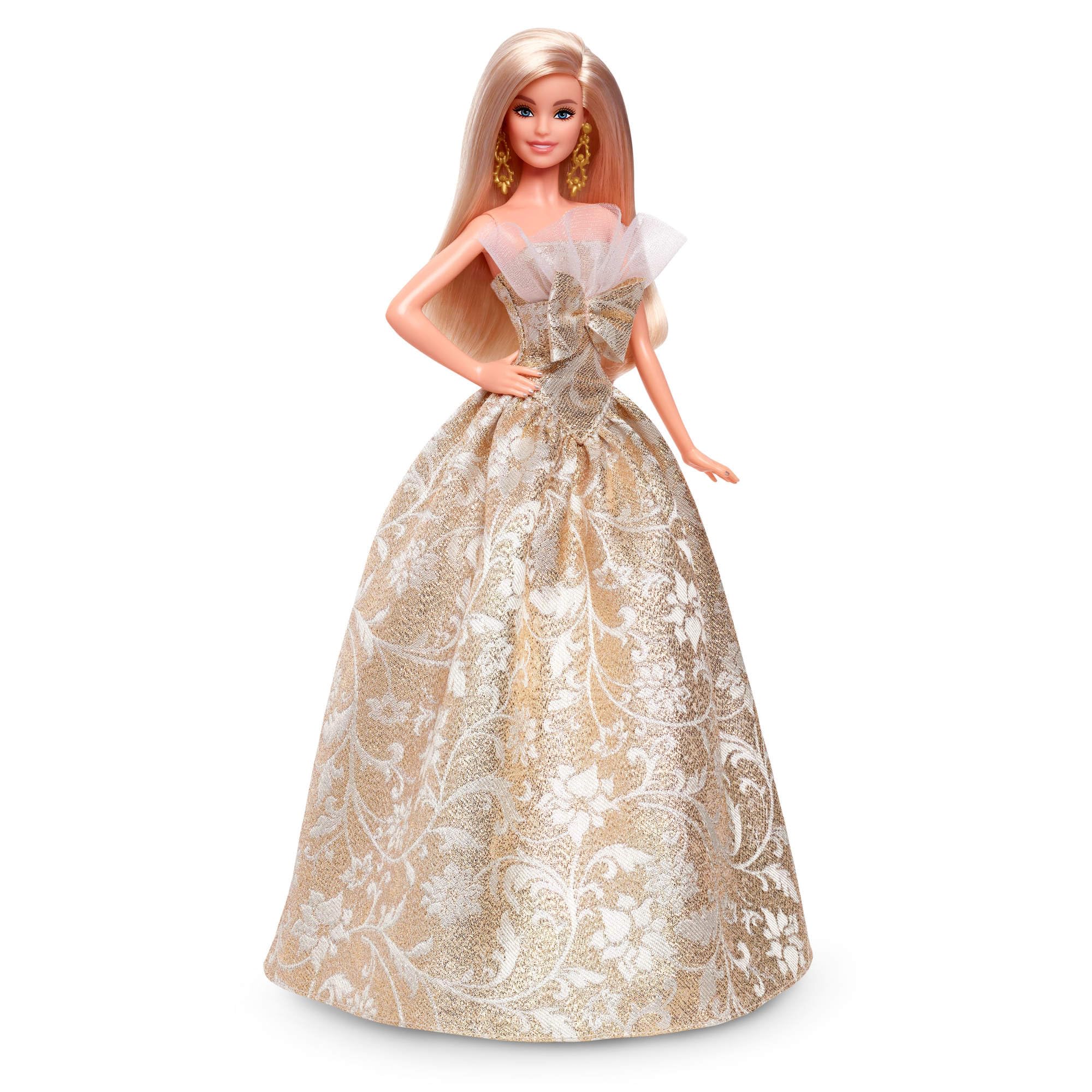 Signature 2025 Holiday Blonde Fashion Doll Wearing Silver & Gold Gown