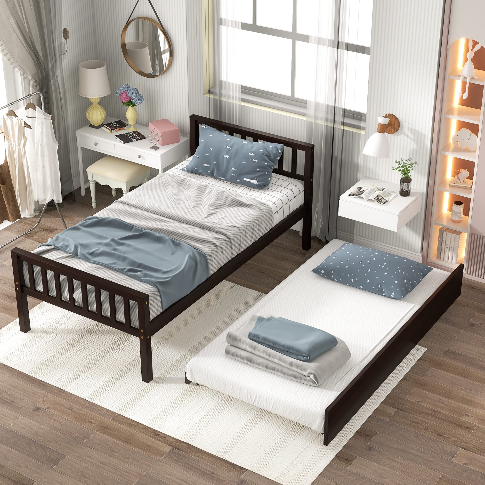 Twin Bed with Trundle, Platform Bed Frame with Headboard