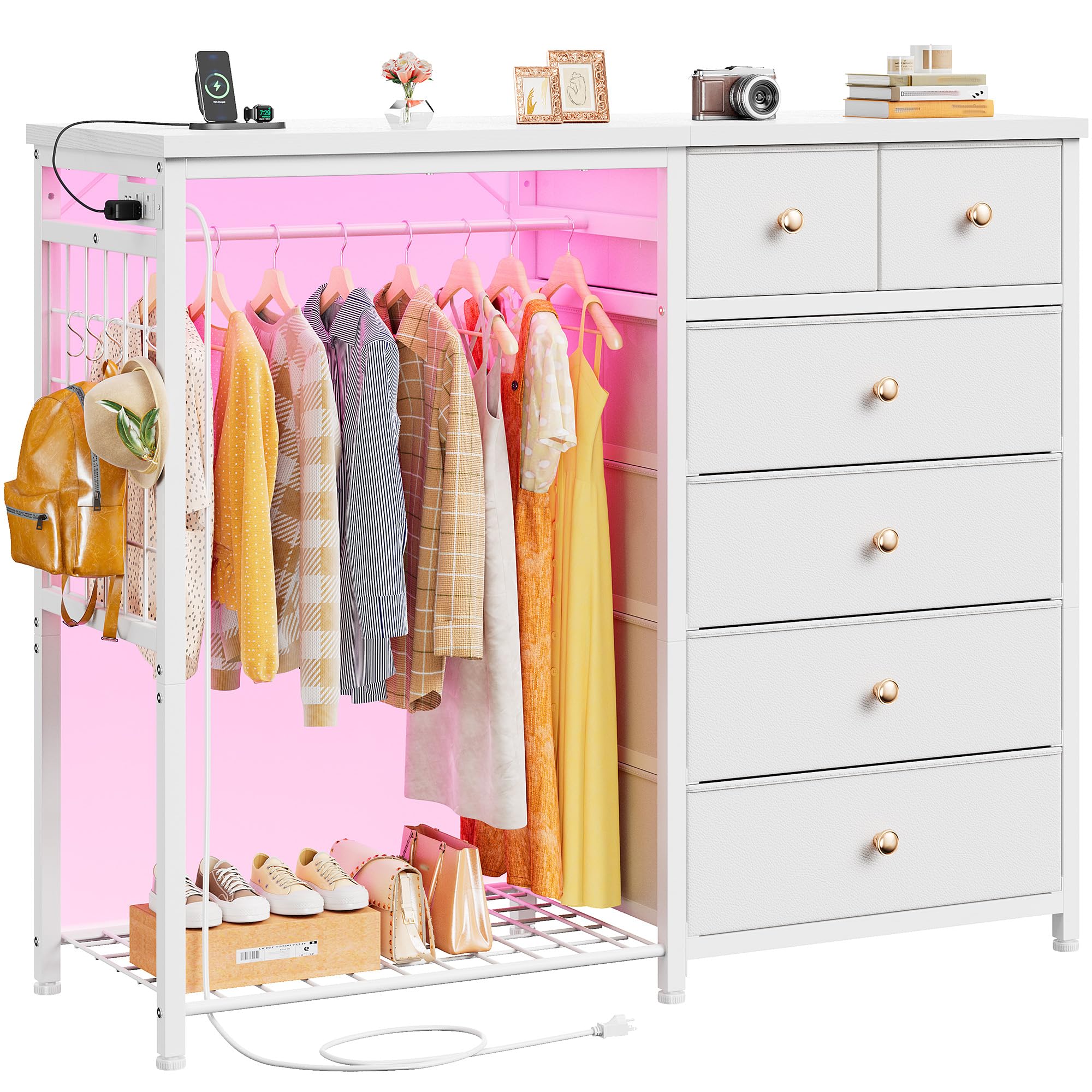 W White Dresser for Bedroom with Hanging Rack, 6 Drawers