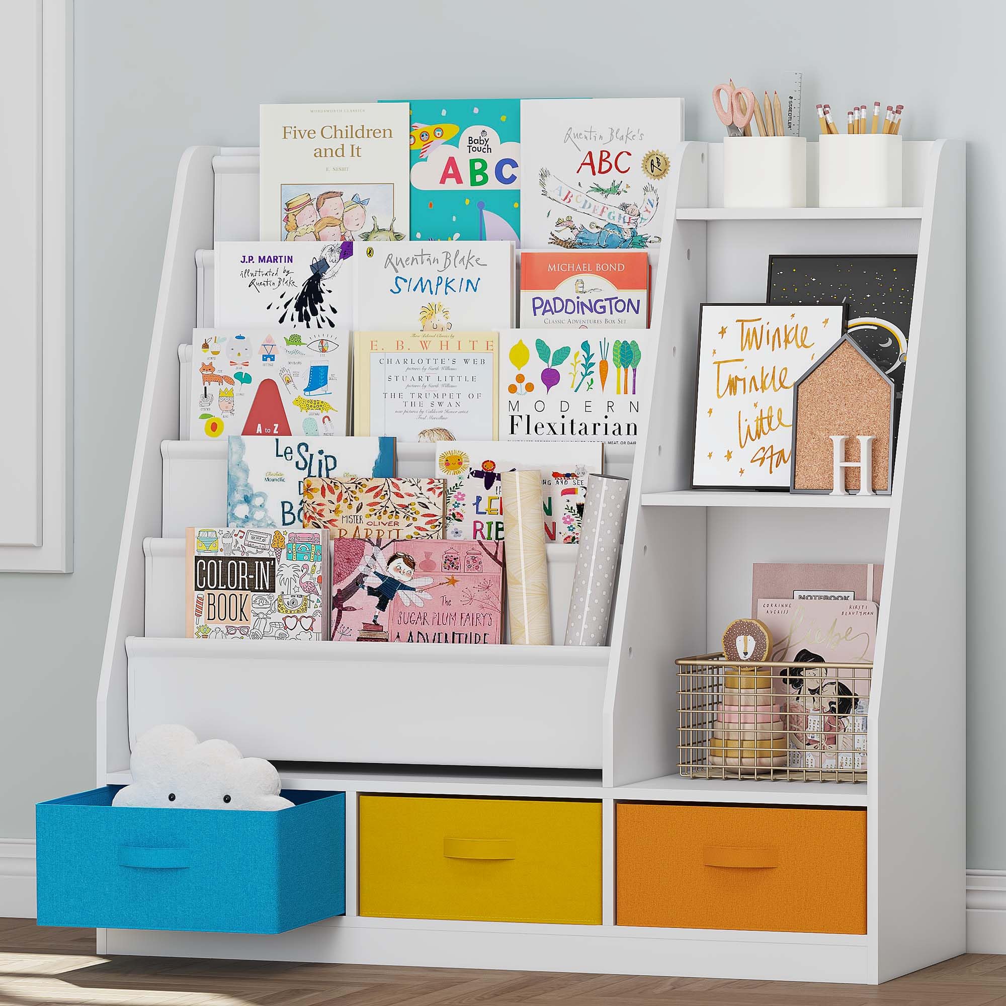 Kids Sling Bookshelf with Storage Bins, Wood Children Bookcase