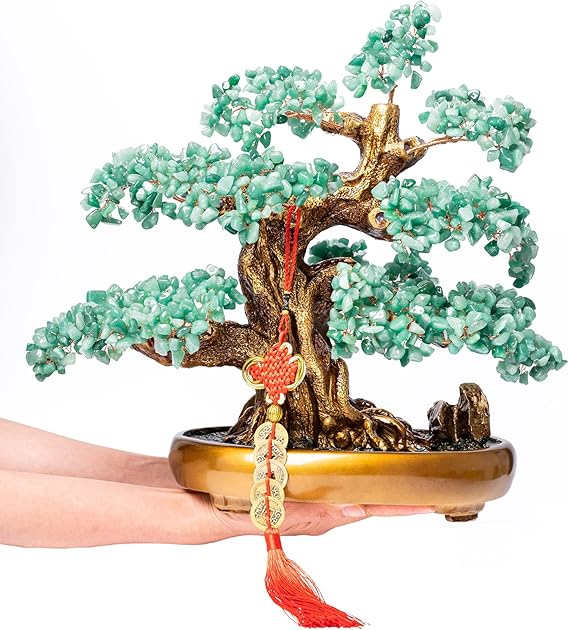 Green Aventurine Gemstone Crystal Bonsai Tree of Life Large Feng Shui