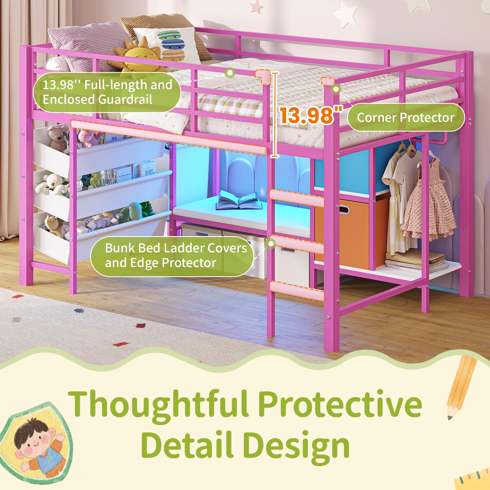 Low Twin Loft Bed with Reading Corner LED Lights Storage Pink
