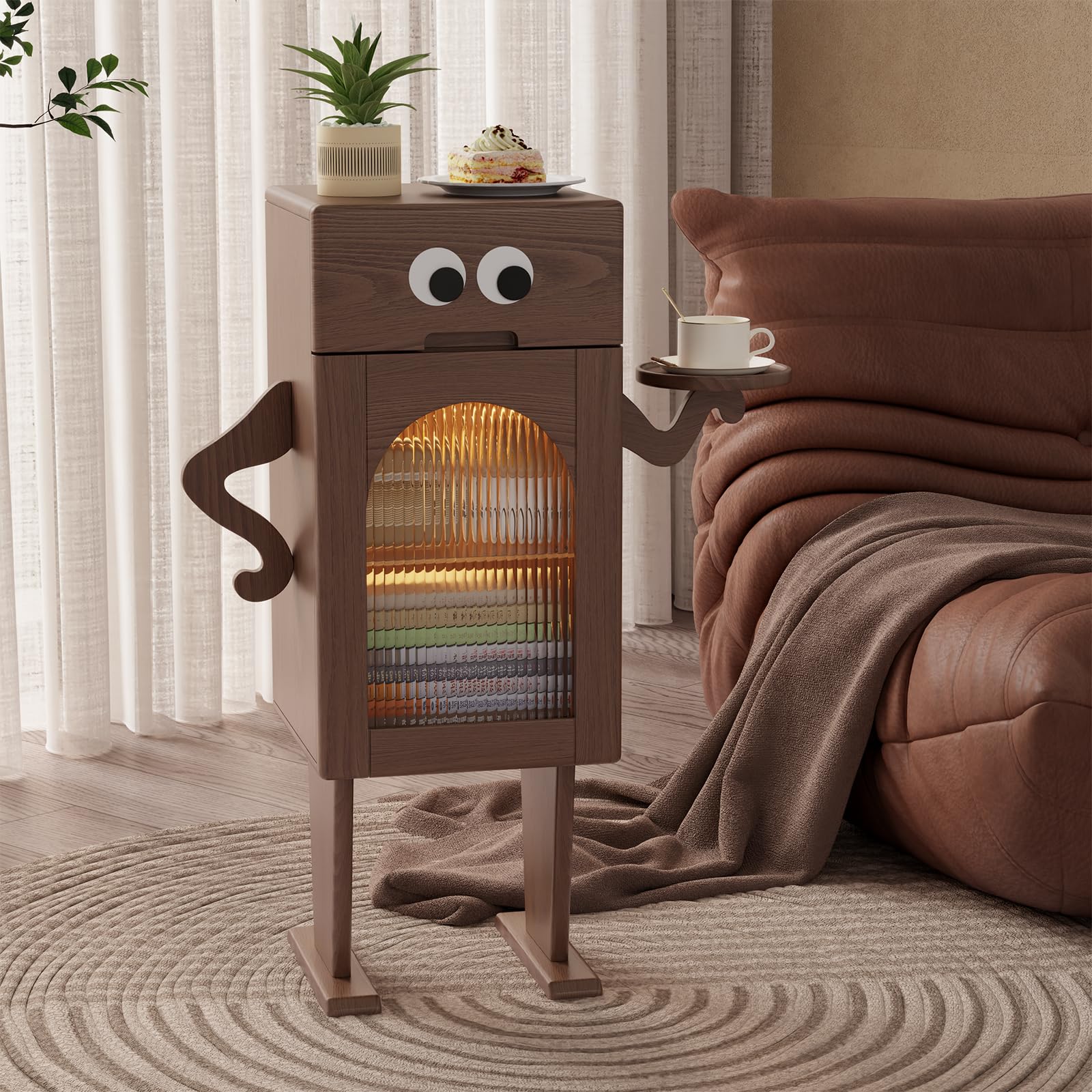 Solid Wood Nightstand with LED Light and Adjustable Dividers