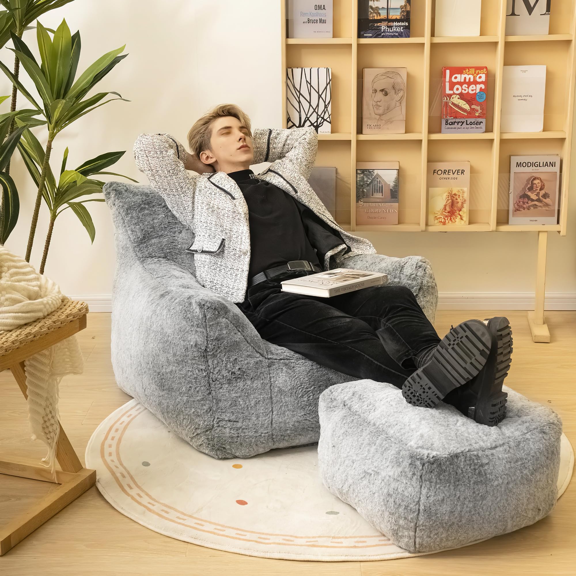 Bean Bag Chair with Ottoman and Footrest - Faux Fur