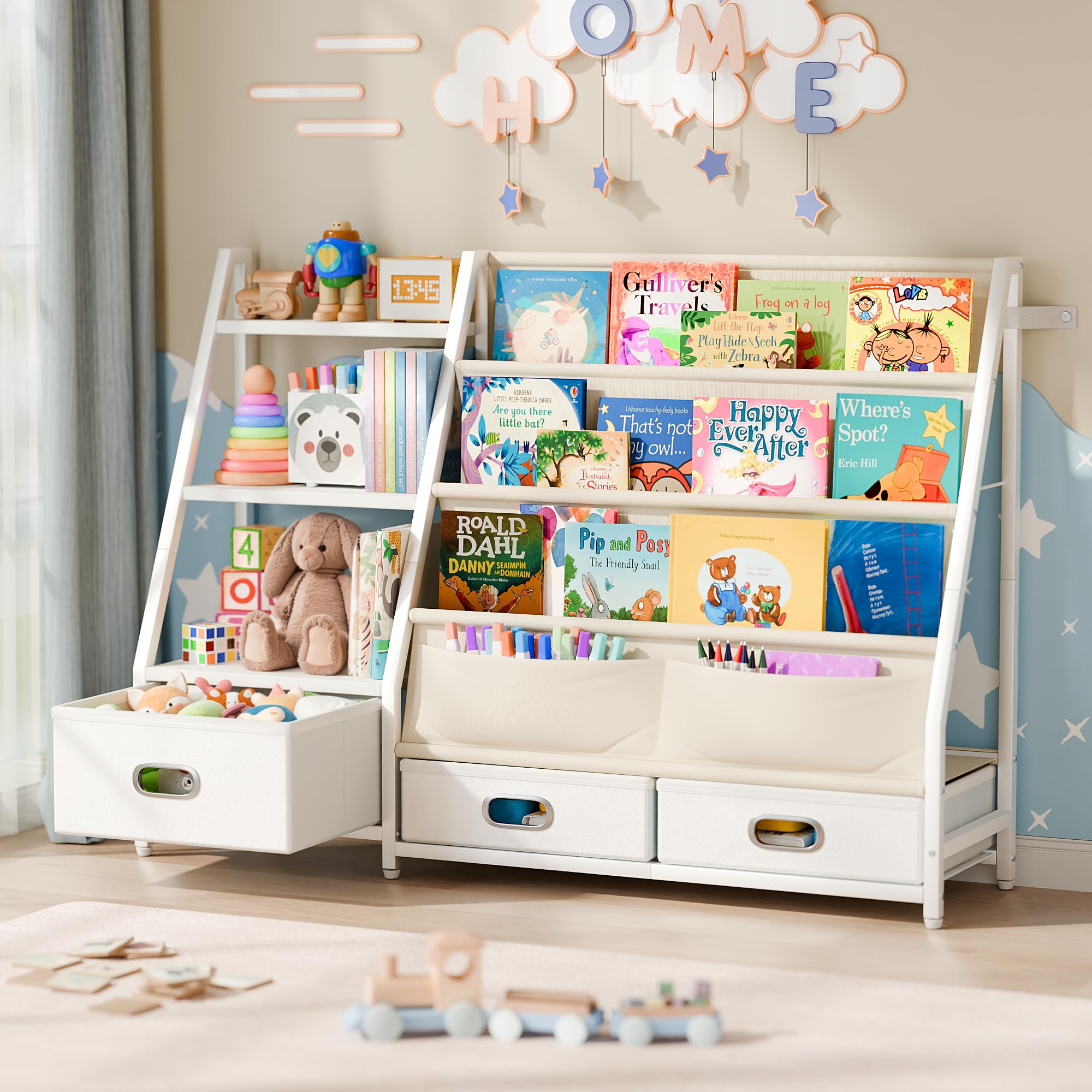 Kids Bookshelf with Storage Drawers - 3 Tier Toddler Book Organizer