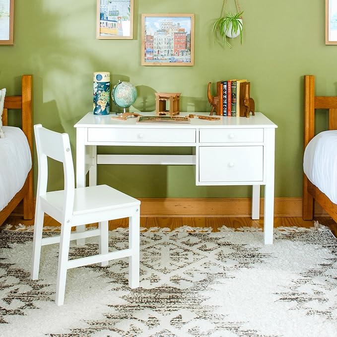 Madison Kids Desk and Chair Set with Hutch - White: Wooden Table with Storage Shelves
