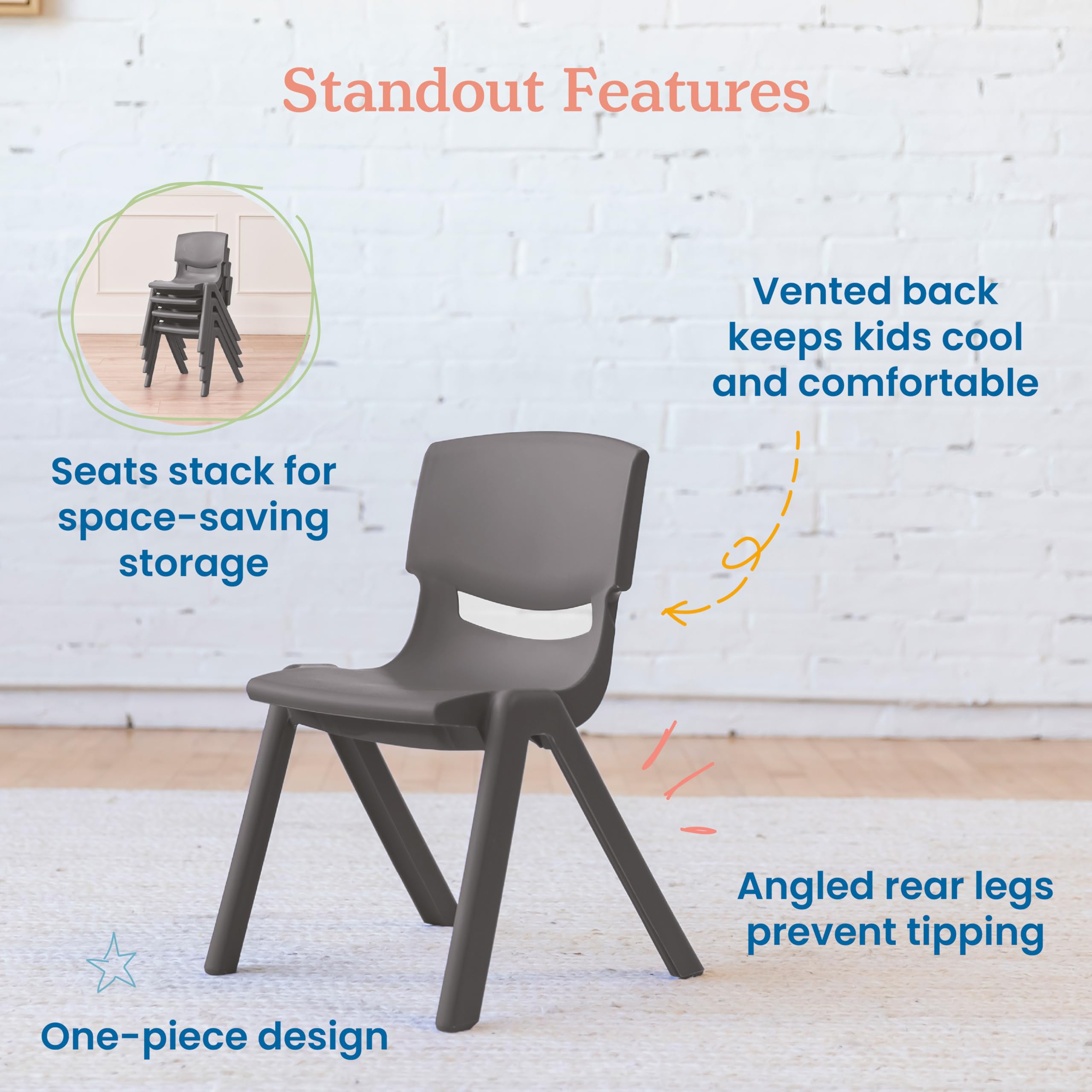 12 Inch Plastic School Stack Chair - Grey 4-Pack
