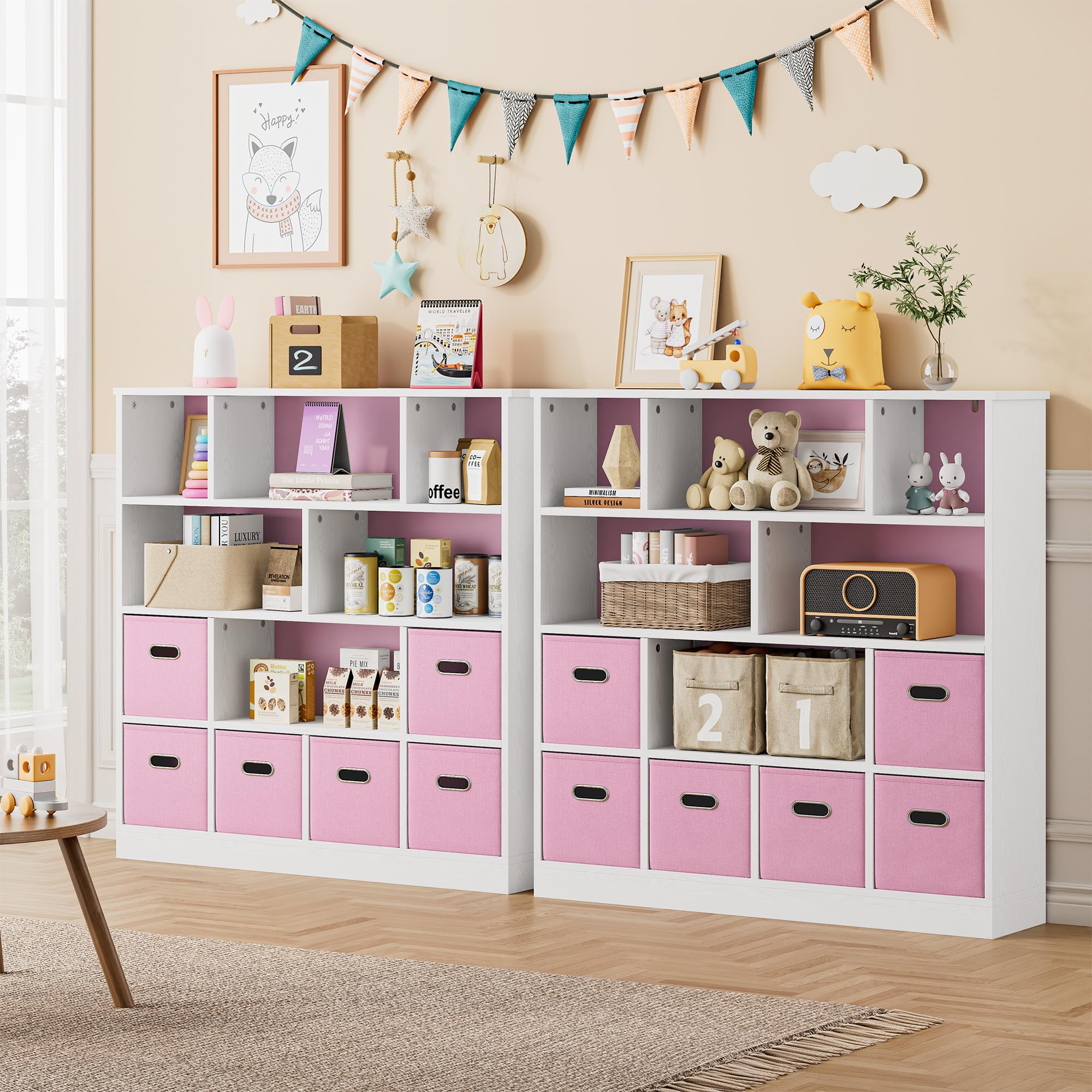 Wooden 12-Cube Storage Organizer Shelf with 6 Bins, 3-Tier Open Bookcase