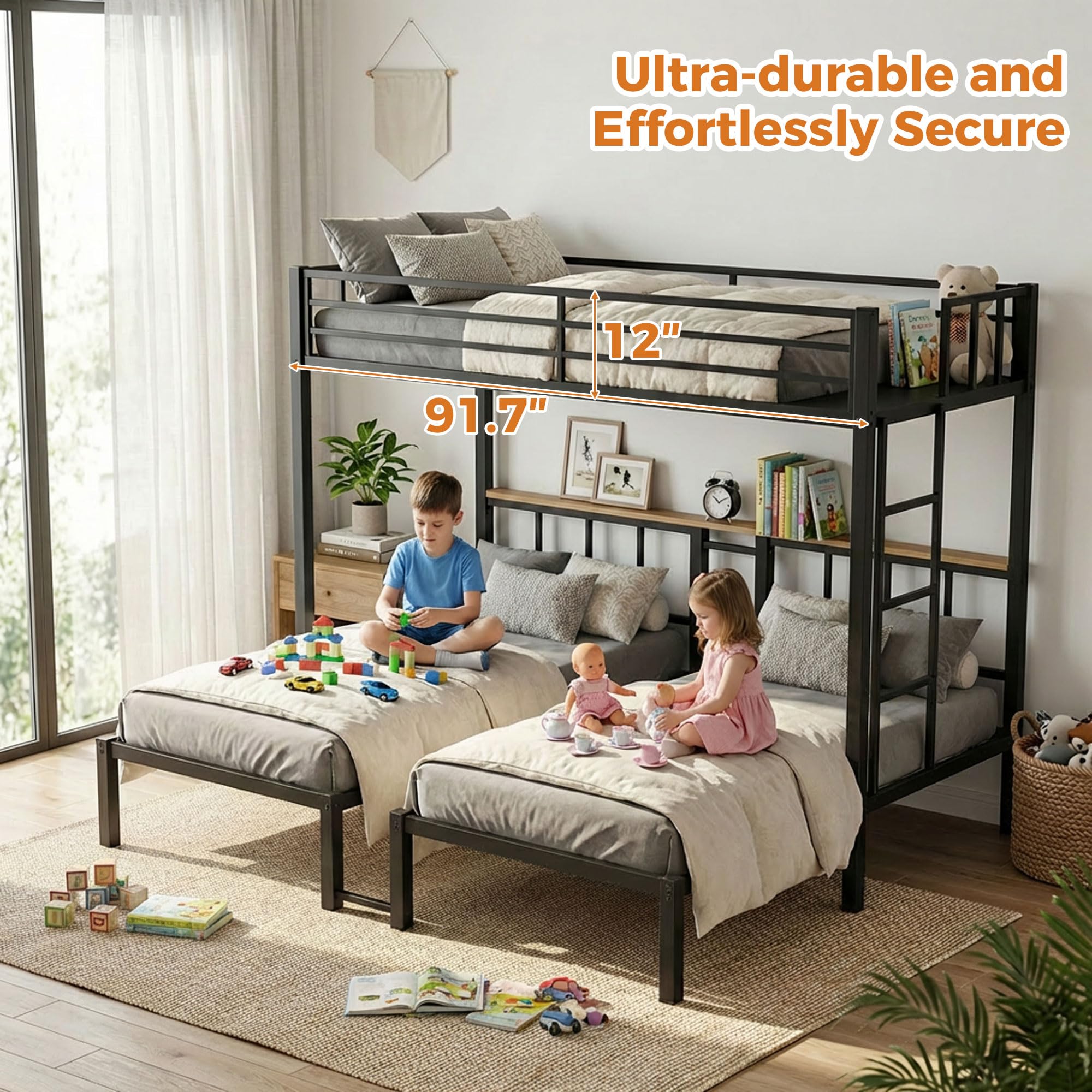 Triple Bunk Bed Metal Frame with Guardrails and Ladder