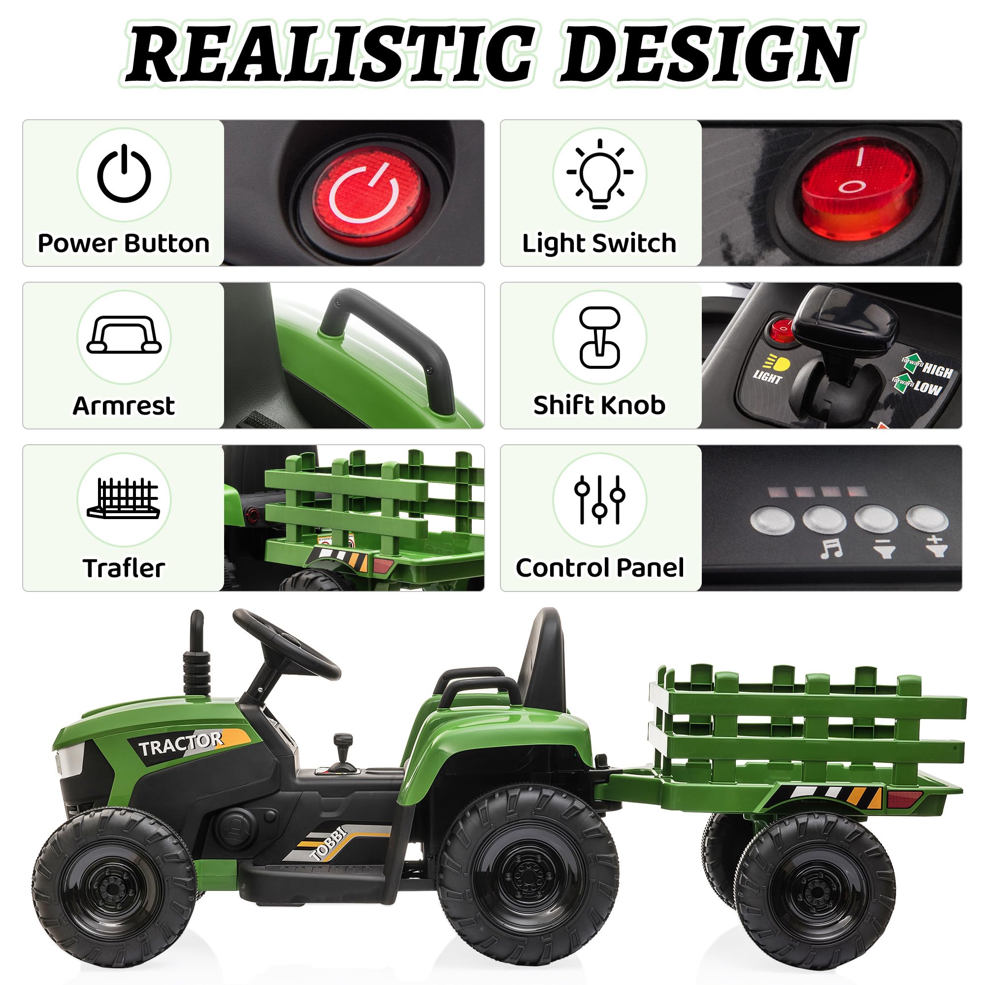 12V Electric Ride-On Tractor with Trailer for Kids