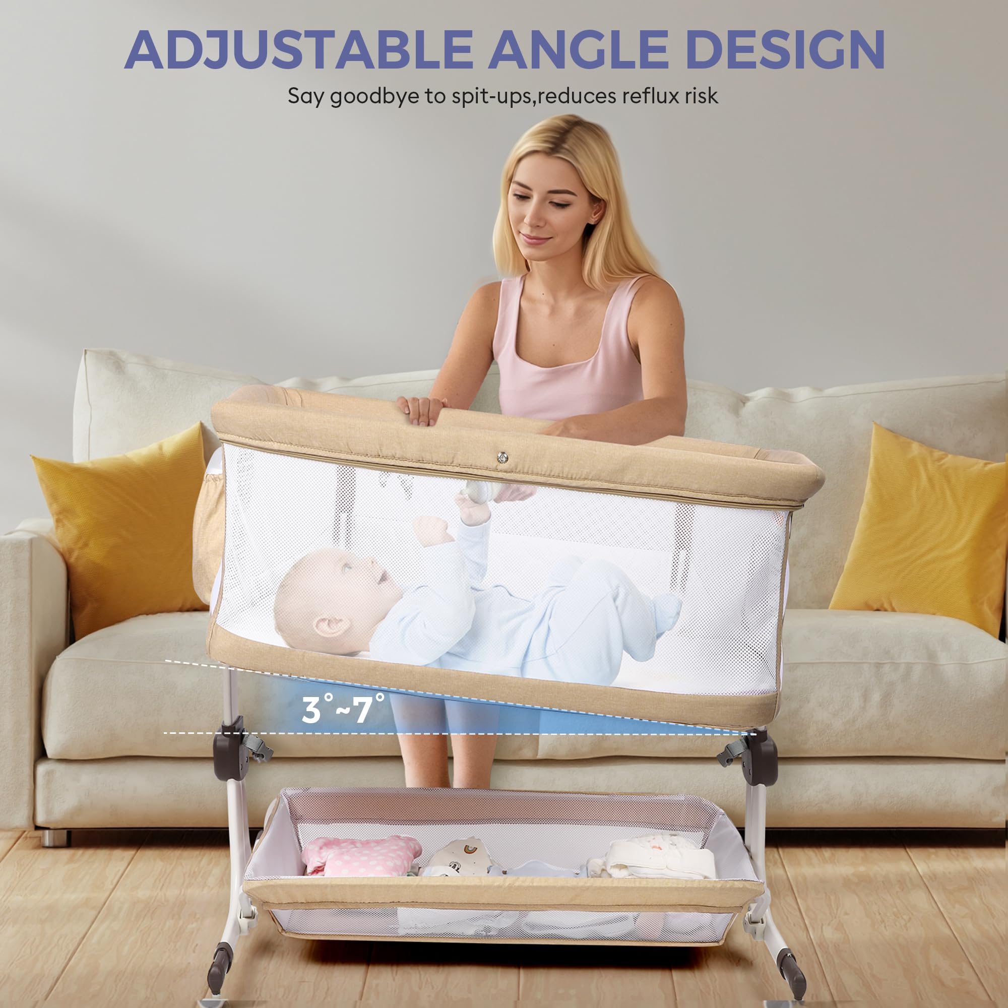 Bedside Bassinet with Mesh Sides and Height Adjustment