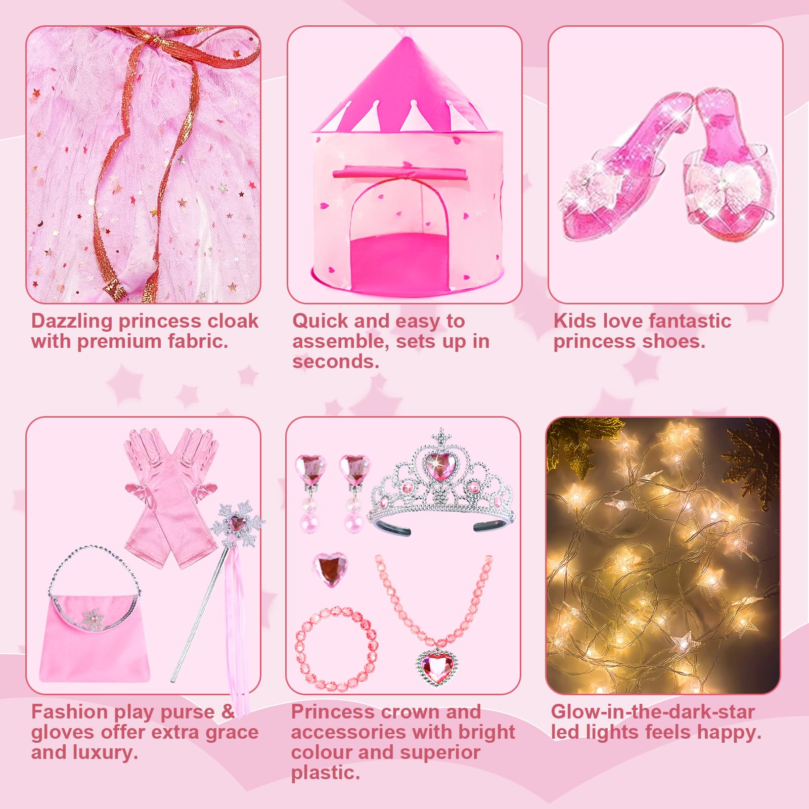 WTOR 15Pcs Princess Castle Play Tent Dress Up with LED Glow in The Dark Stars for Little Girls－Princess Dress Up Cape with Crown,Girl Play Tent/House Toy for Indoor & Outdoor Use (Pink)