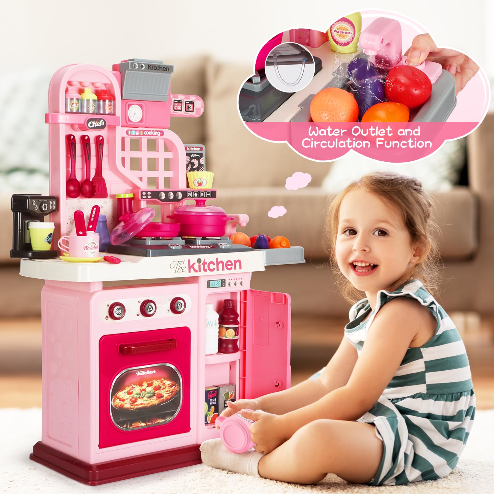 Kids Kitchen Playset, 27.1 Inches Play Kitchen with Sound and Light