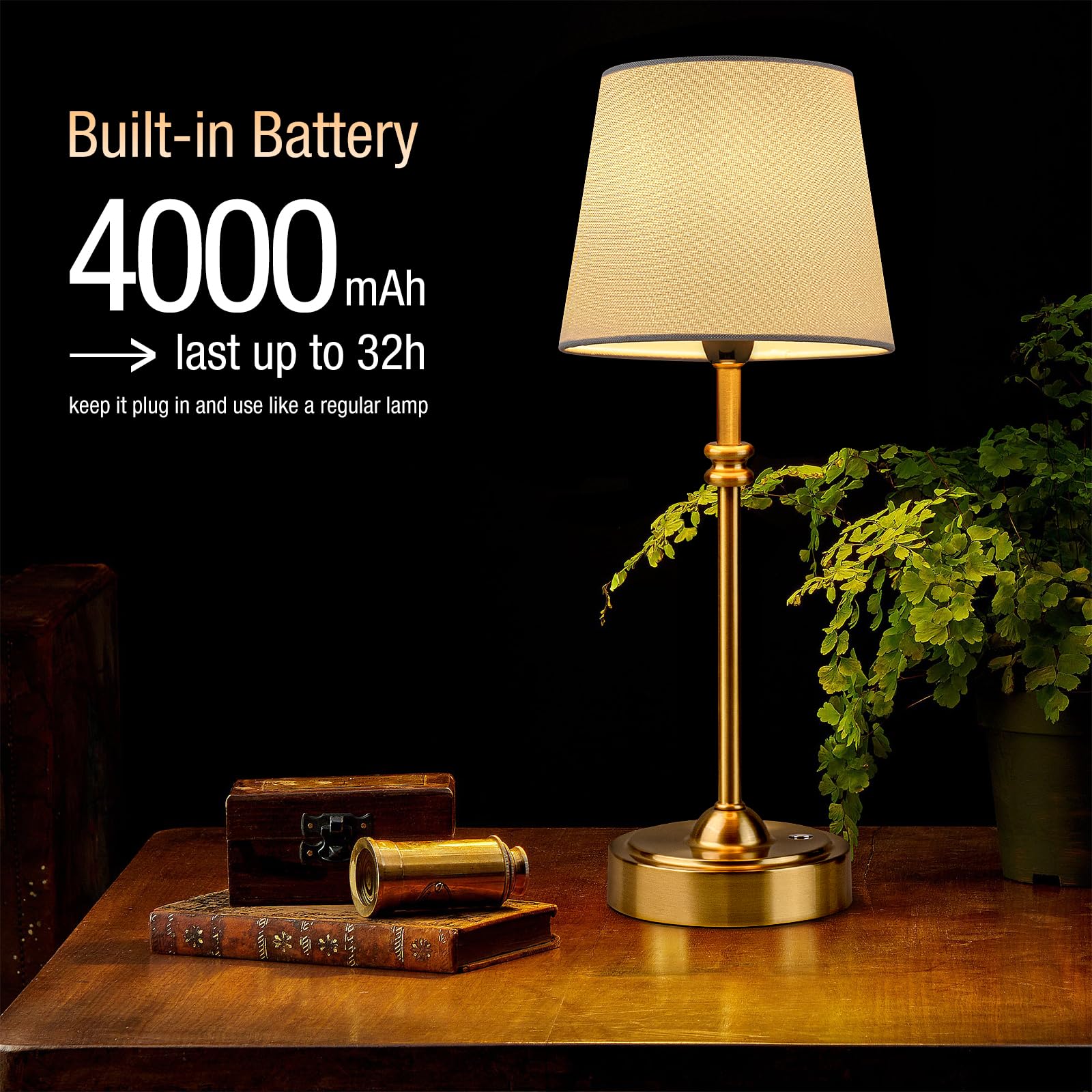 Rechargeable Cordless Table Lamp with Fabric Shade