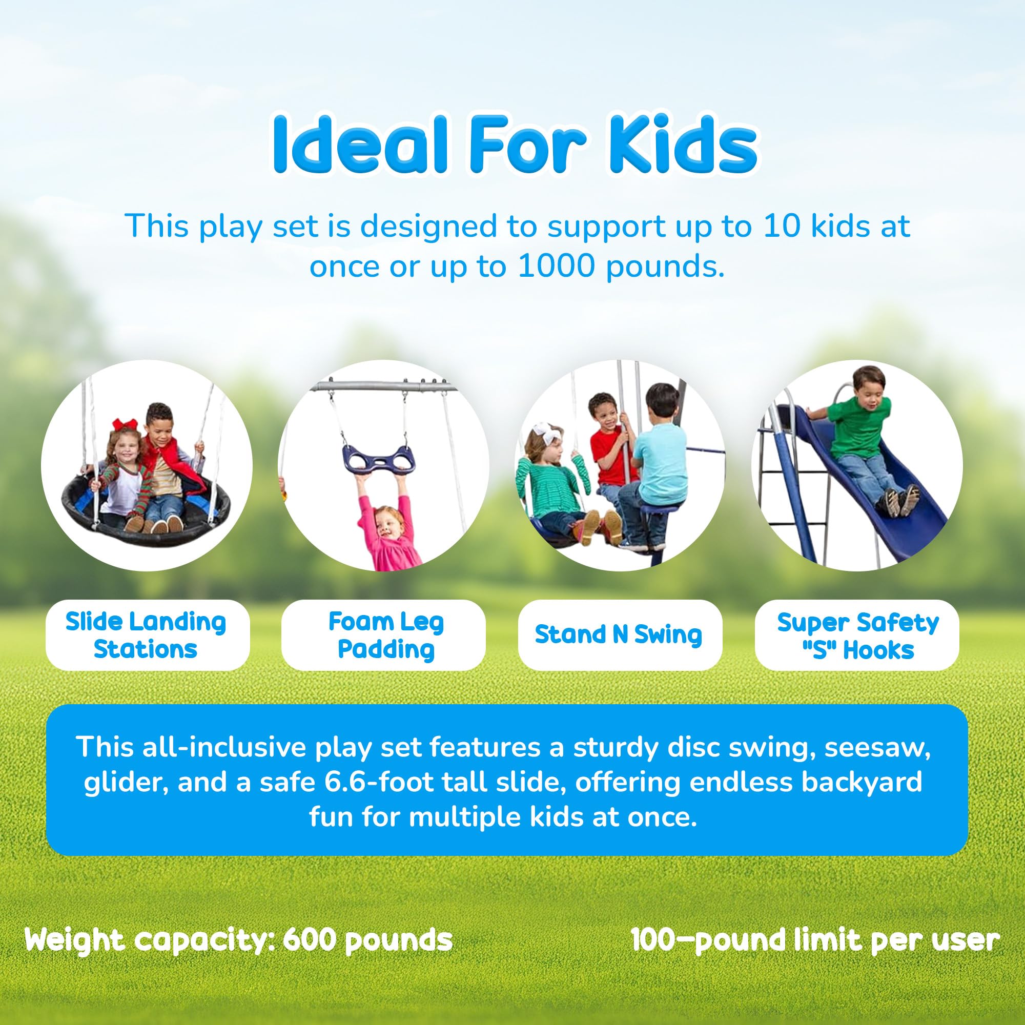 Metal A-Frame Kids Swing Set with Slide and Seesaw