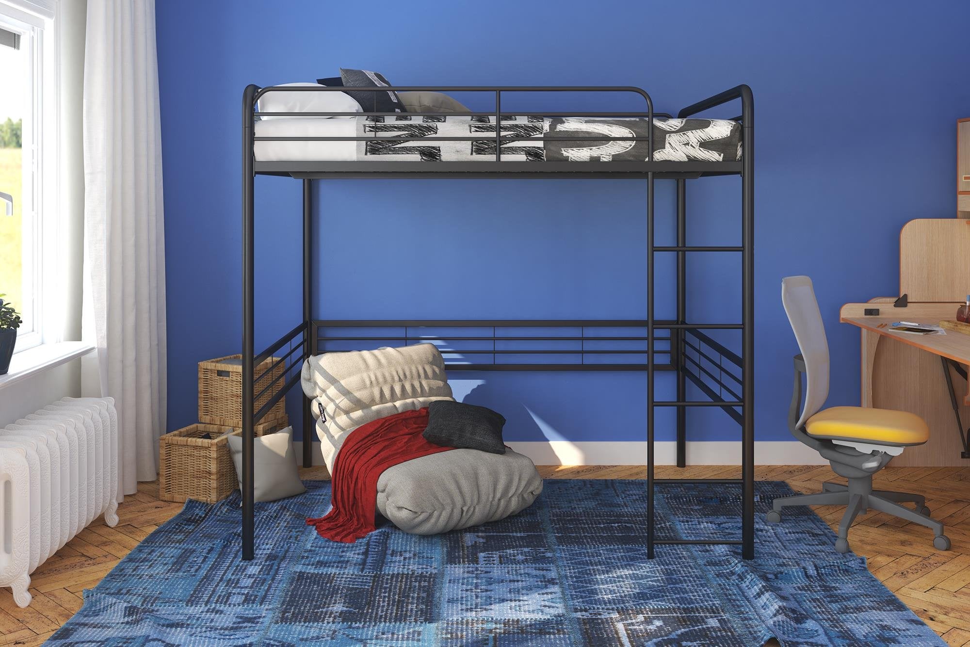Full Metal Loft Bed with Ladder Space-Saving Design, Black